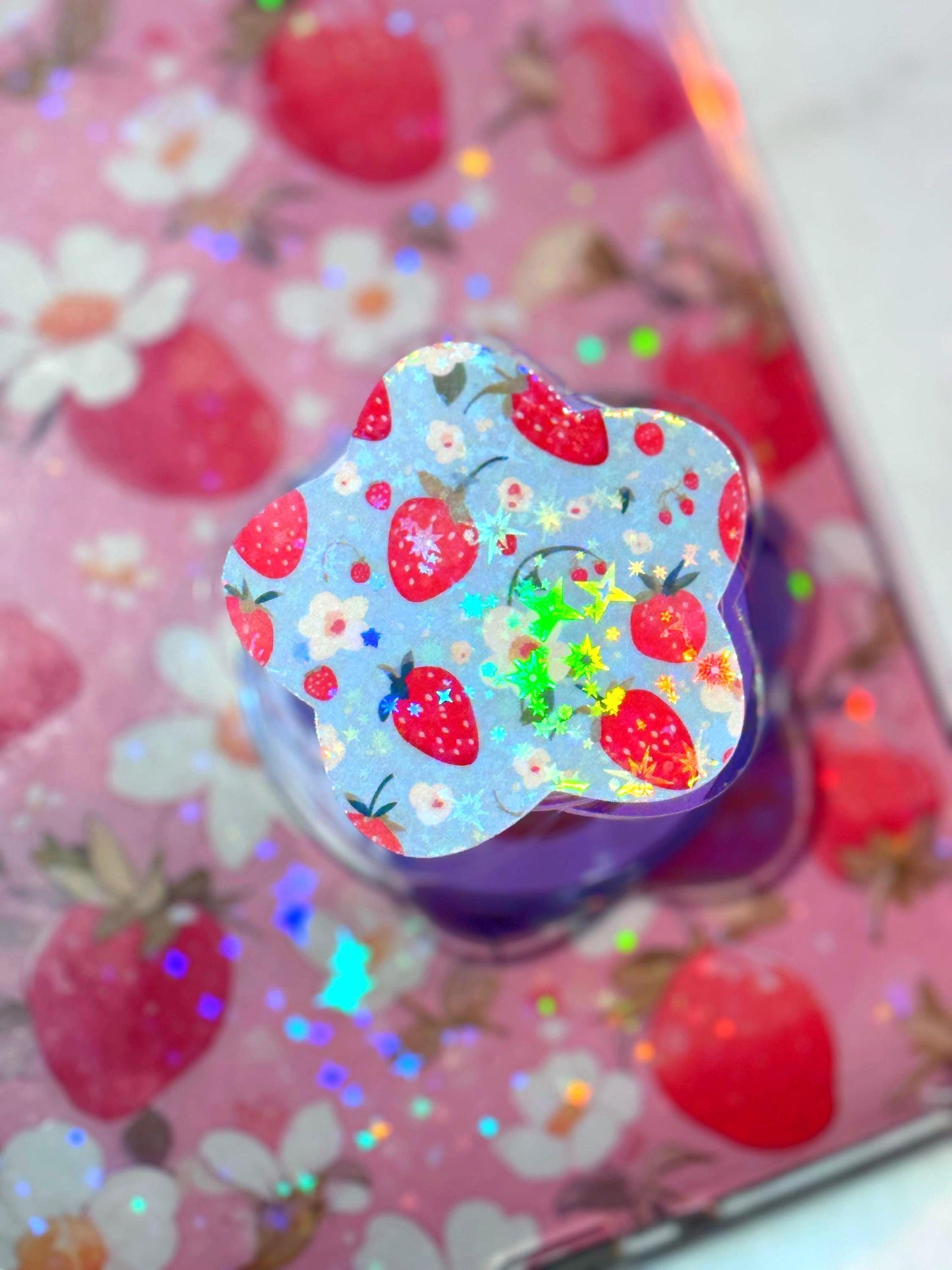 Strawberry Magsafe Kindle Phone Grip: Holographic Floral Kindle Accessory