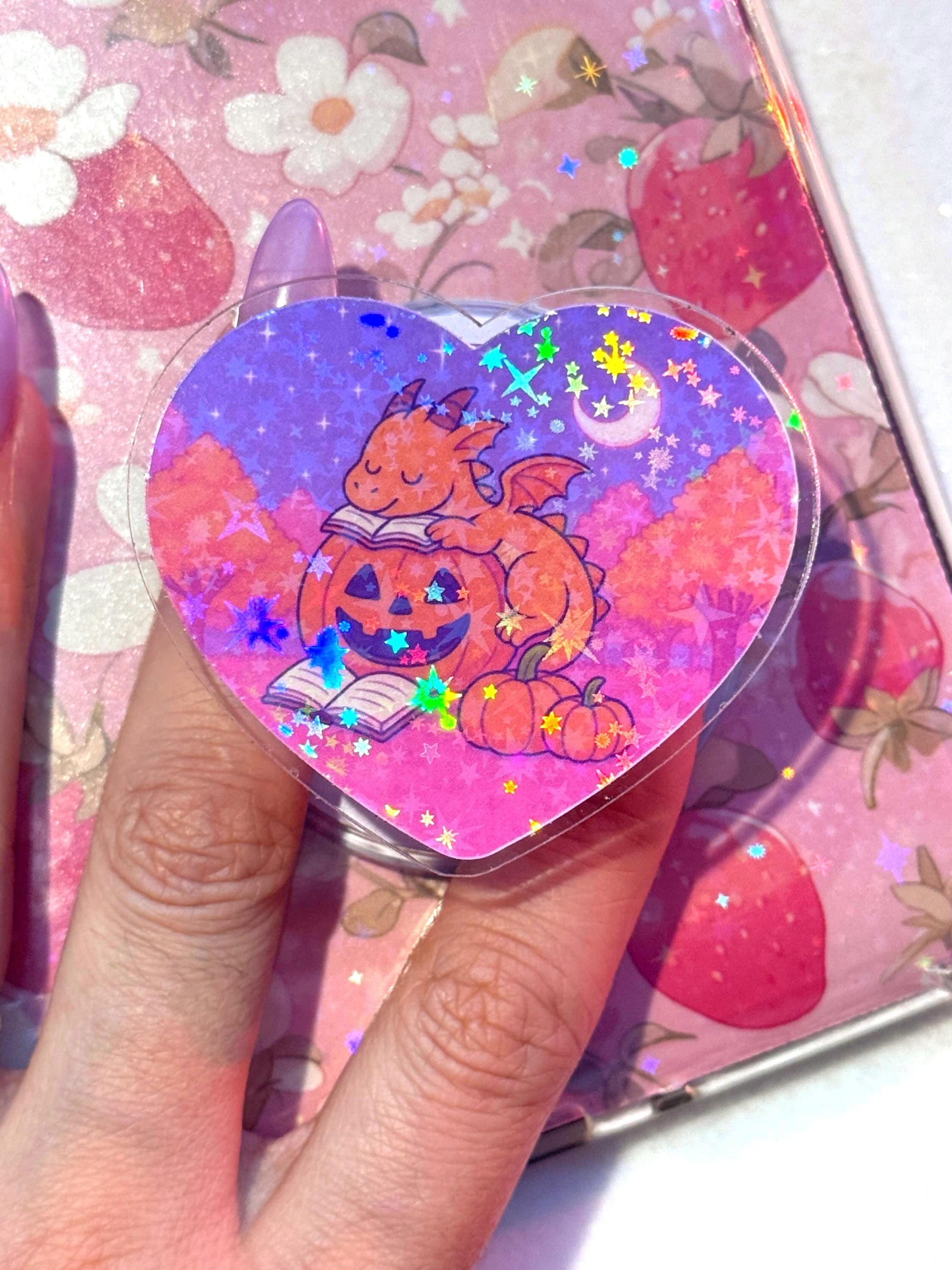 Holographic Dragon Fantasy MagSafe Grip: Cozy Pumpkin Book Kindle Holder