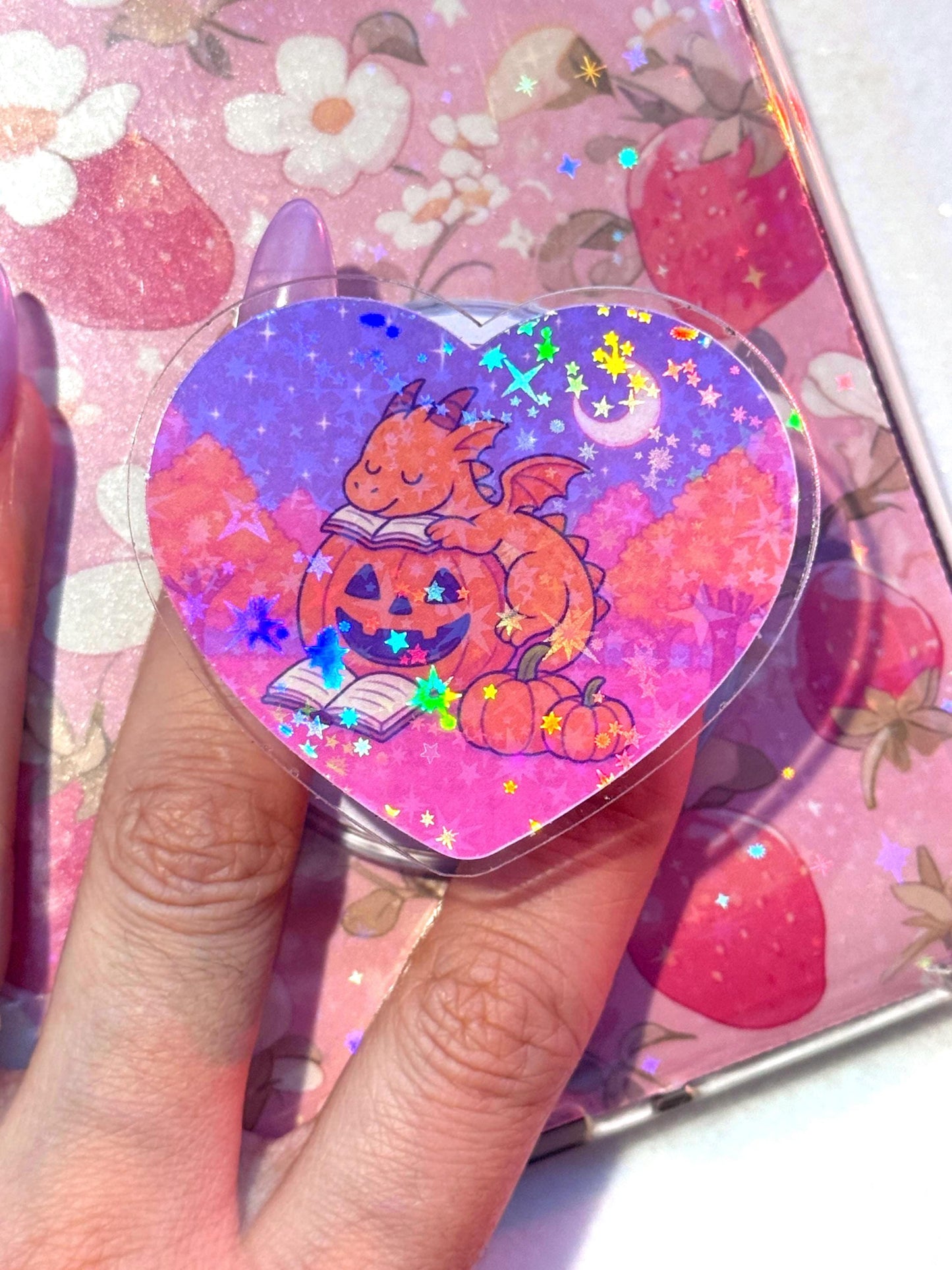 Holographic Dragon Fantasy MagSafe Grip: Cozy Pumpkin Book Kindle Holder