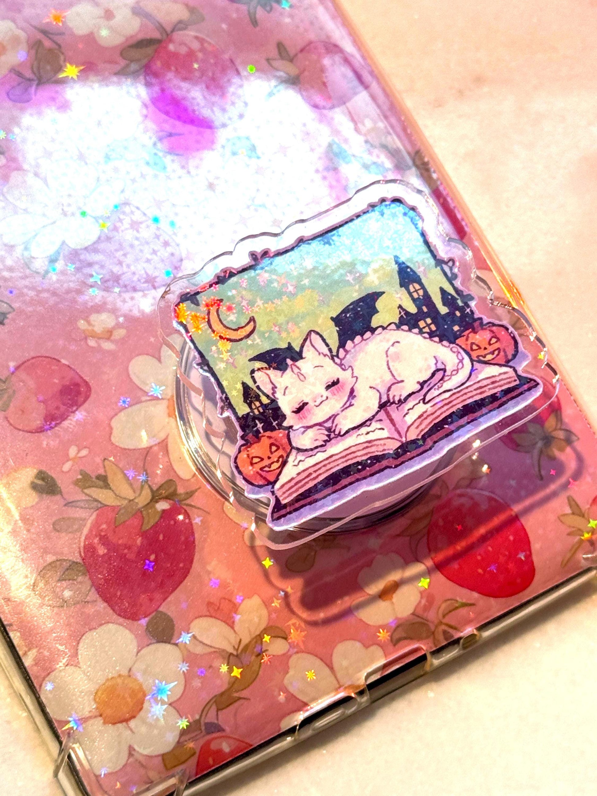Holographic Dragon Phone Grip: Cozy Book & Pumpkins MagSafe Stand