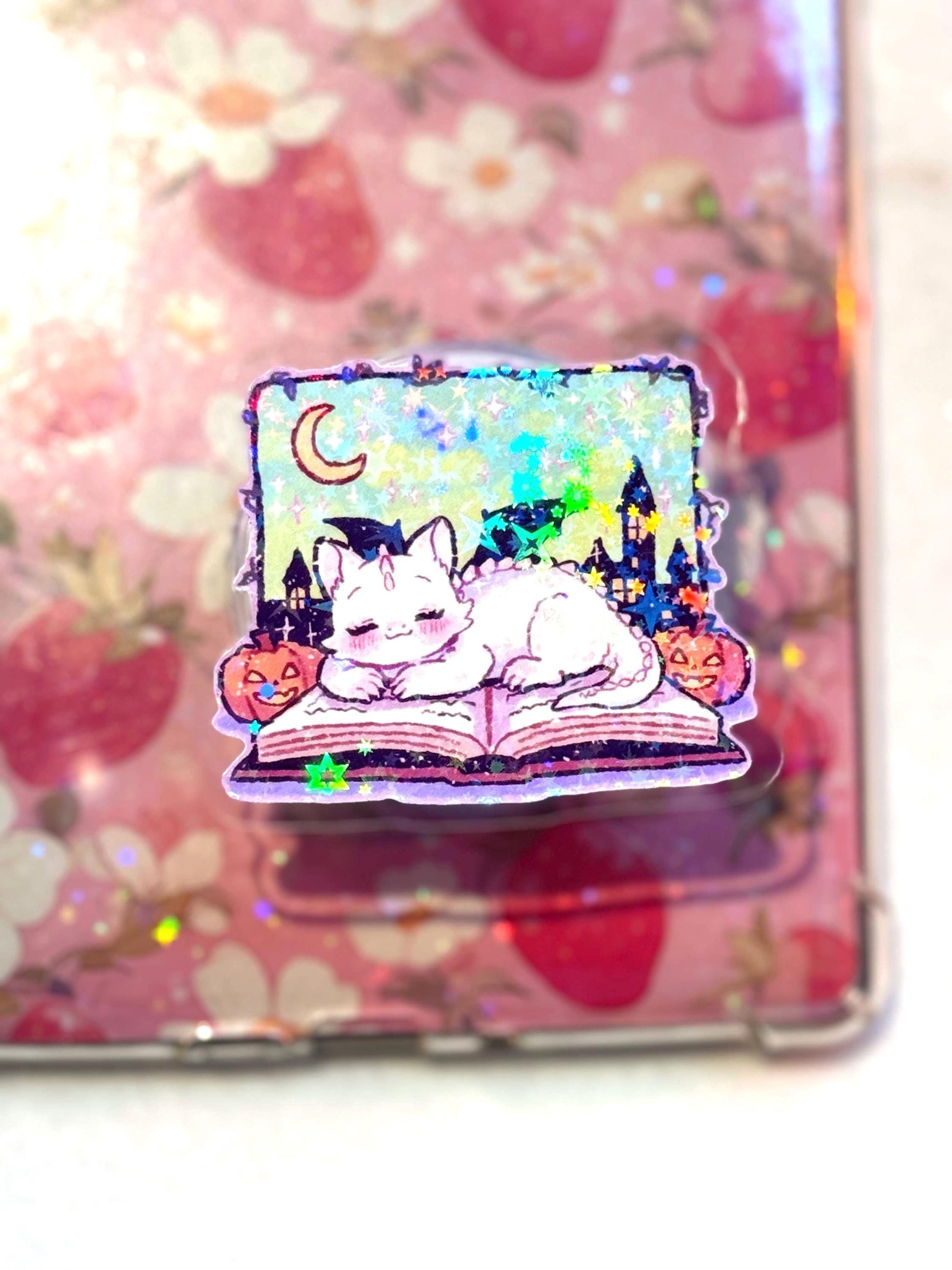 Holographic Dragon Phone Grip: Cozy Book & Pumpkins MagSafe Stand