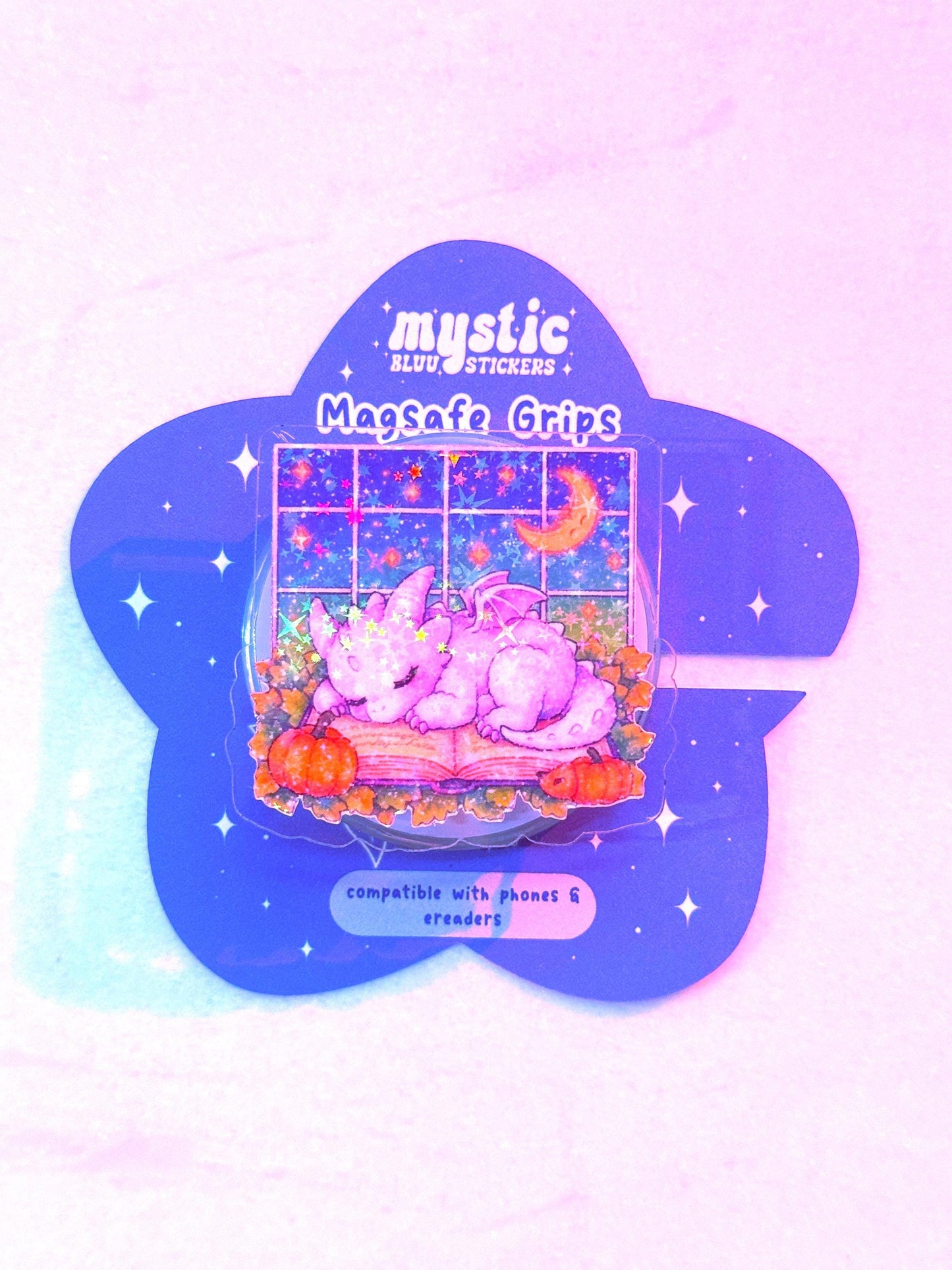 Holographic Dragon Phone Grip: Cozy Book & Pumpkins MagSafe Grip