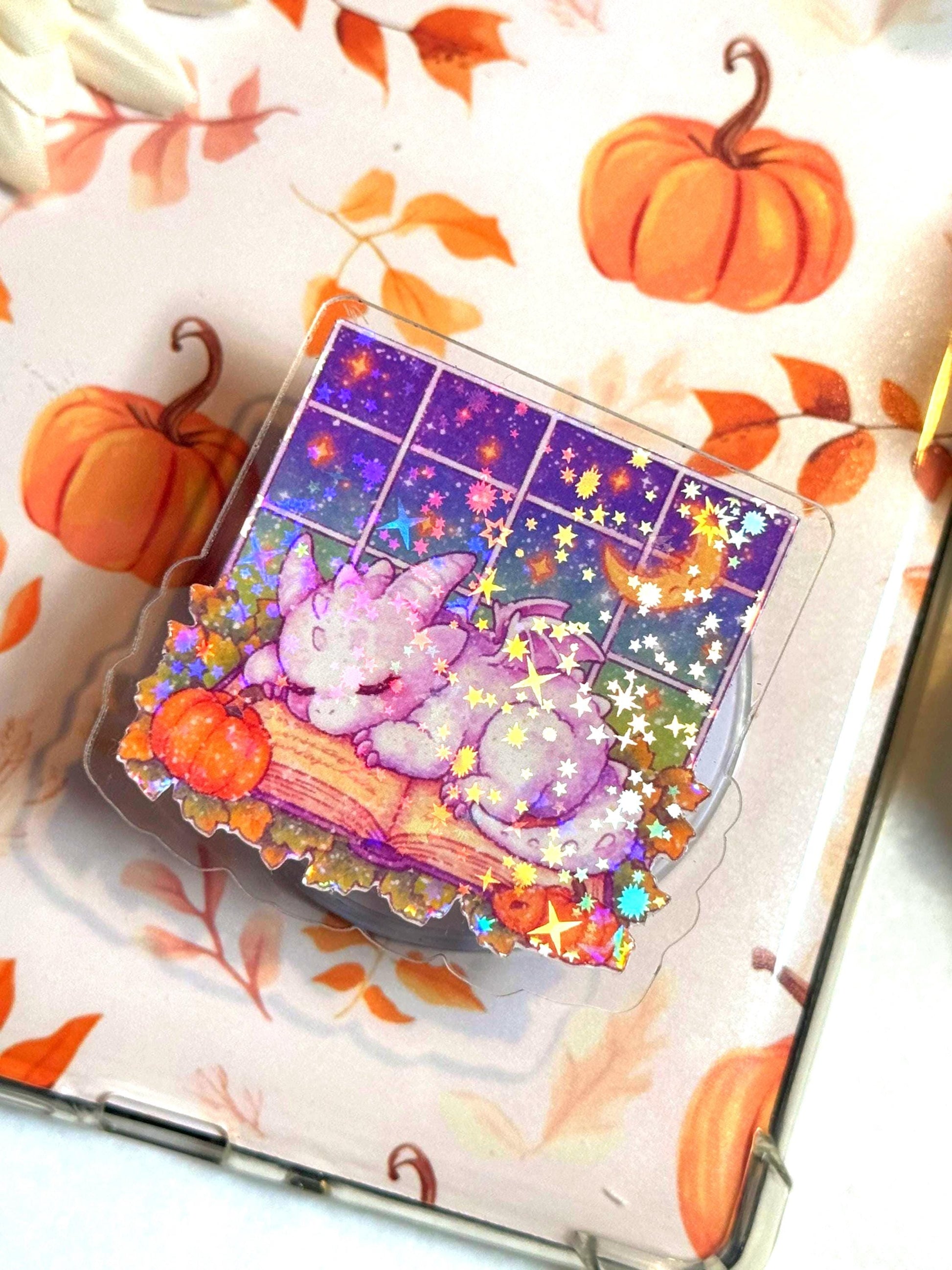 Holographic Dragon Phone Grip: Cozy Book & Pumpkins MagSafe Grip