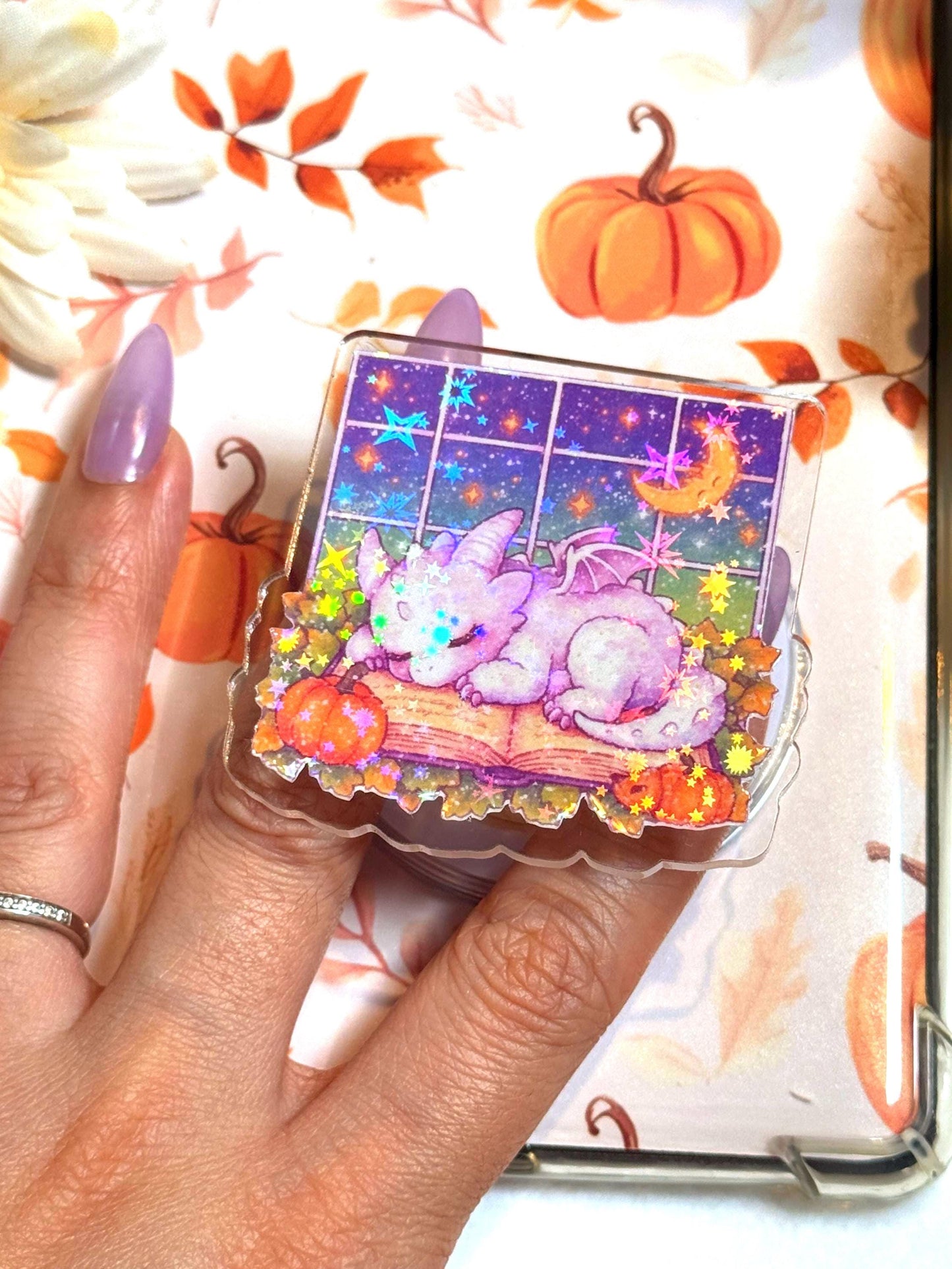 Holographic Dragon Phone Grip: Cozy Book & Pumpkins MagSafe Grip