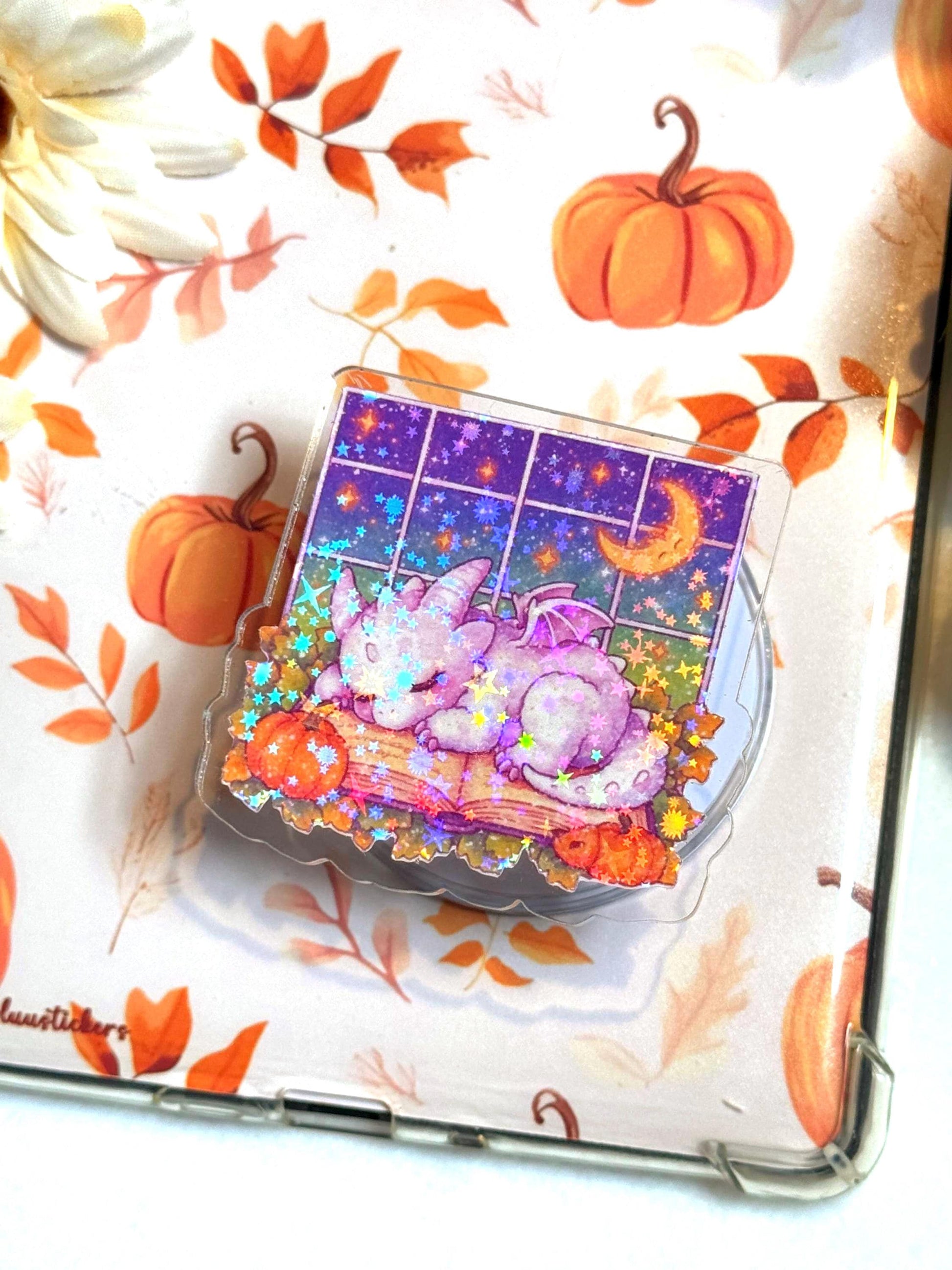 Holographic Dragon Phone Grip: Cozy Book & Pumpkins MagSafe Grip