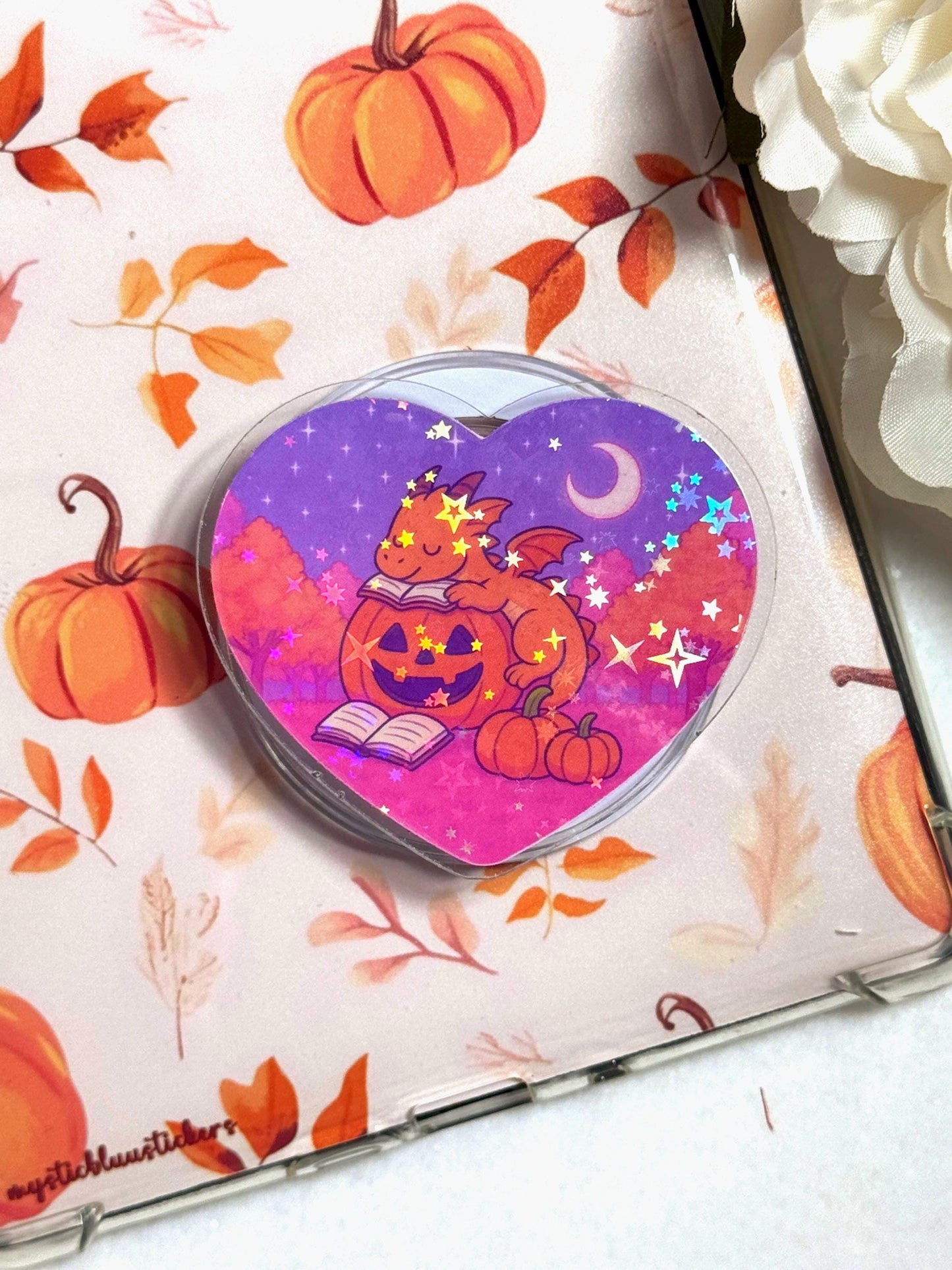 Holographic Dragon Fantasy MagSafe Grip: Cozy Pumpkin Book Kindle Holder