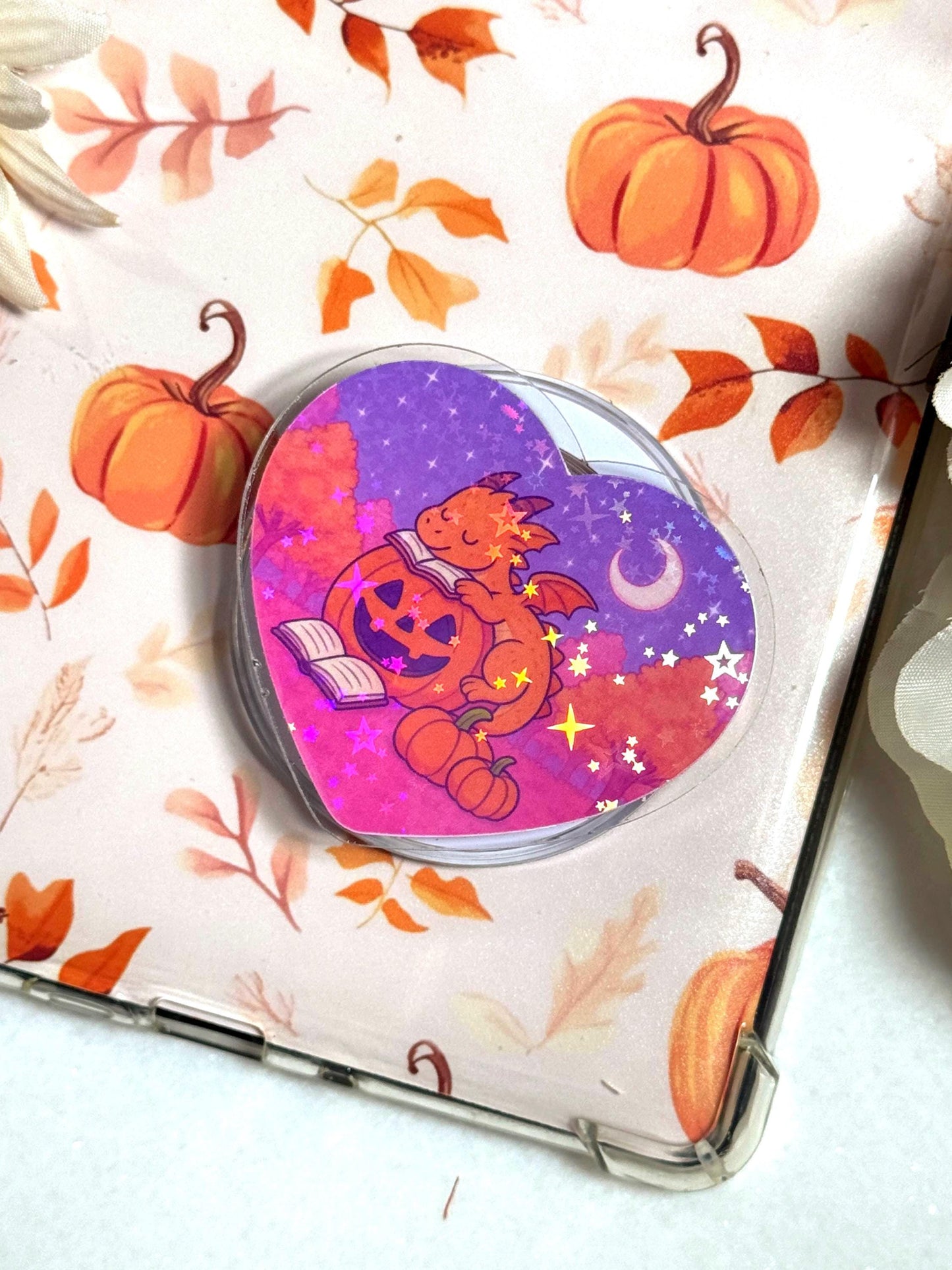 Holographic Dragon Fantasy MagSafe Grip: Cozy Pumpkin Book Kindle Holder