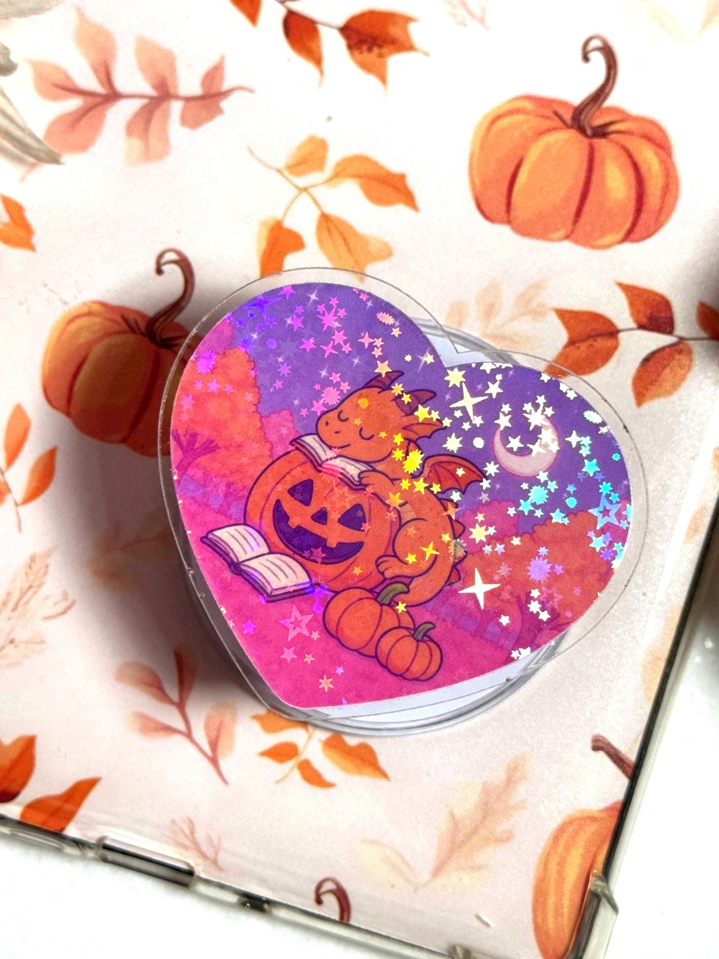Holographic Dragon Fantasy MagSafe Grip: Cozy Pumpkin Book Kindle Holder