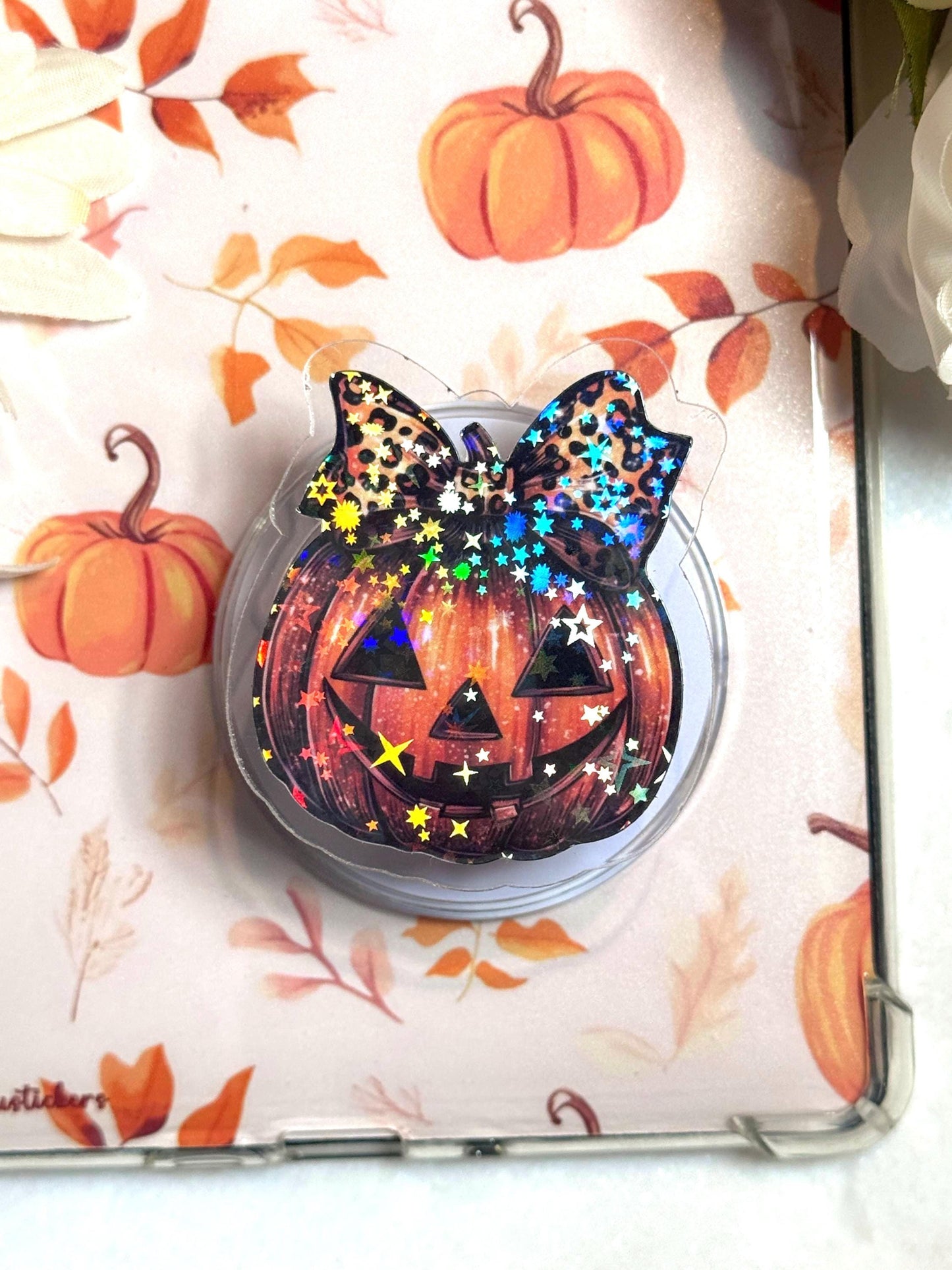 Pumpkin Bow Holographic Kindle Grip – Halloween Jack-O’-Lantern MagSafe Phone & Tablet Stand