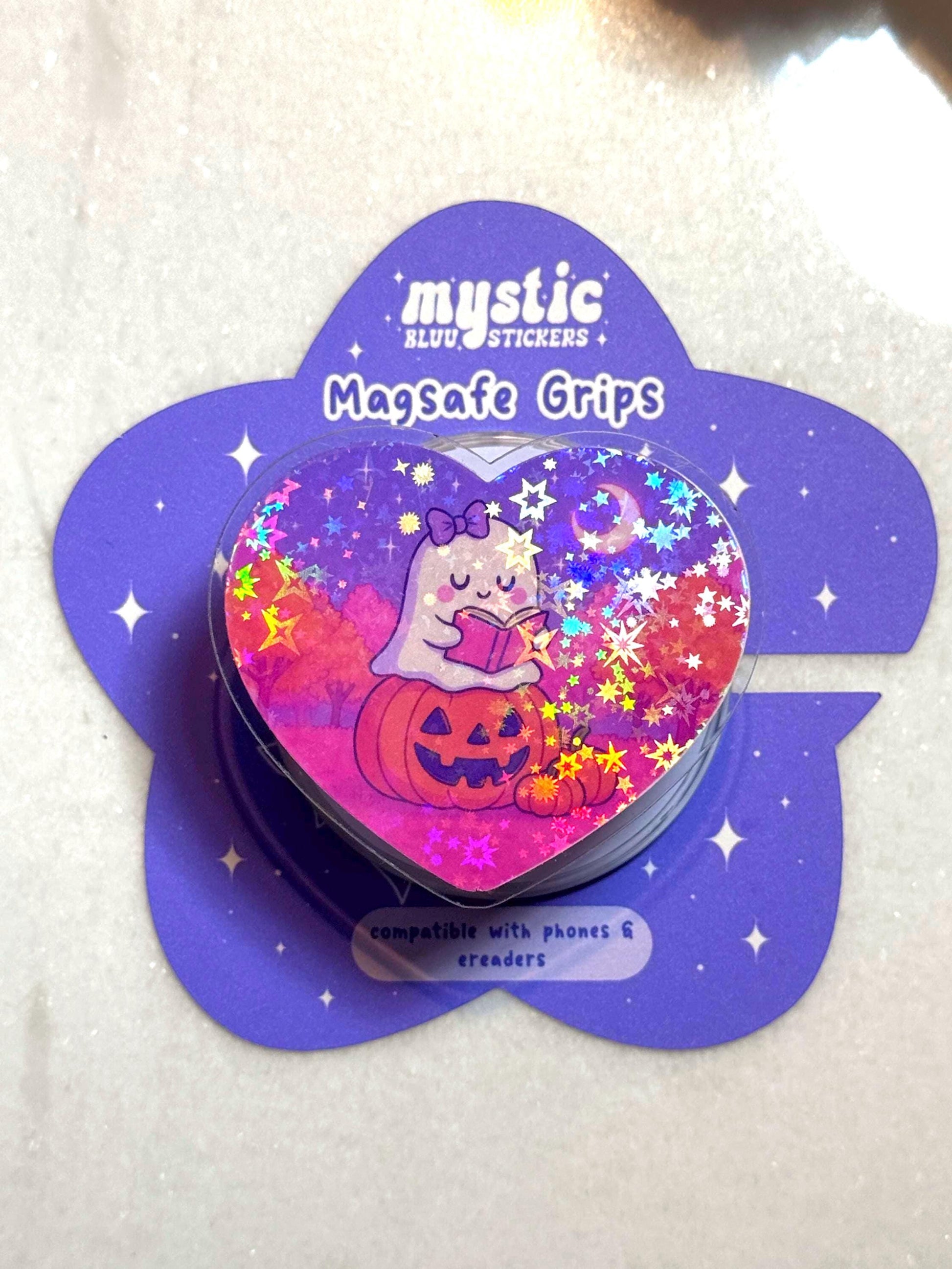 Ghost Pumpkin Kindle Phone Grip – Cute MagSafe Grip Stand with Pumpkin and Book Design Kindle Holder, Halloween Grip