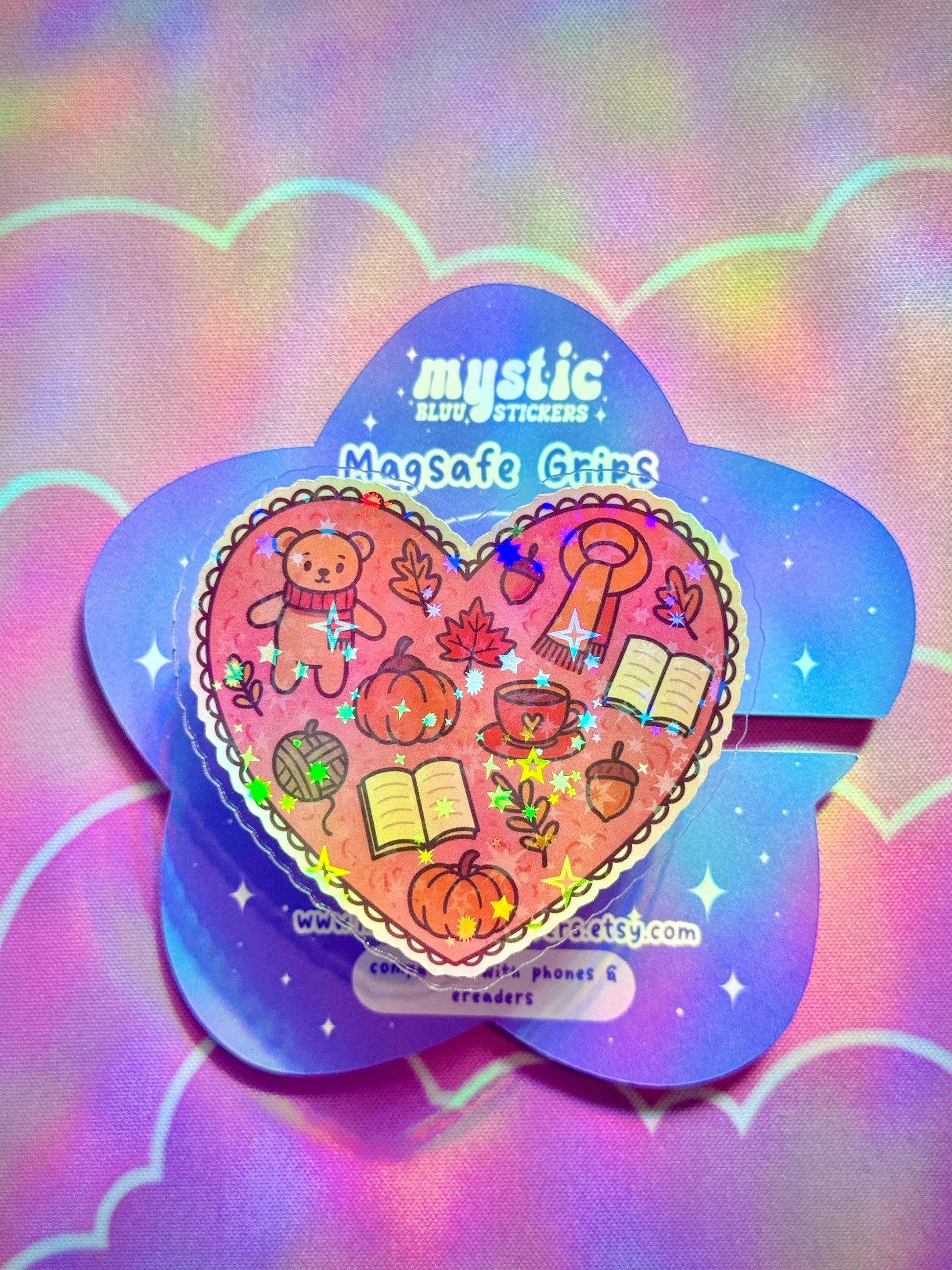 Autumn Cozy Heart Kindle Grip with Magnetic Ring – Fall Bear, Pumpkin & Books MagSafe Grip