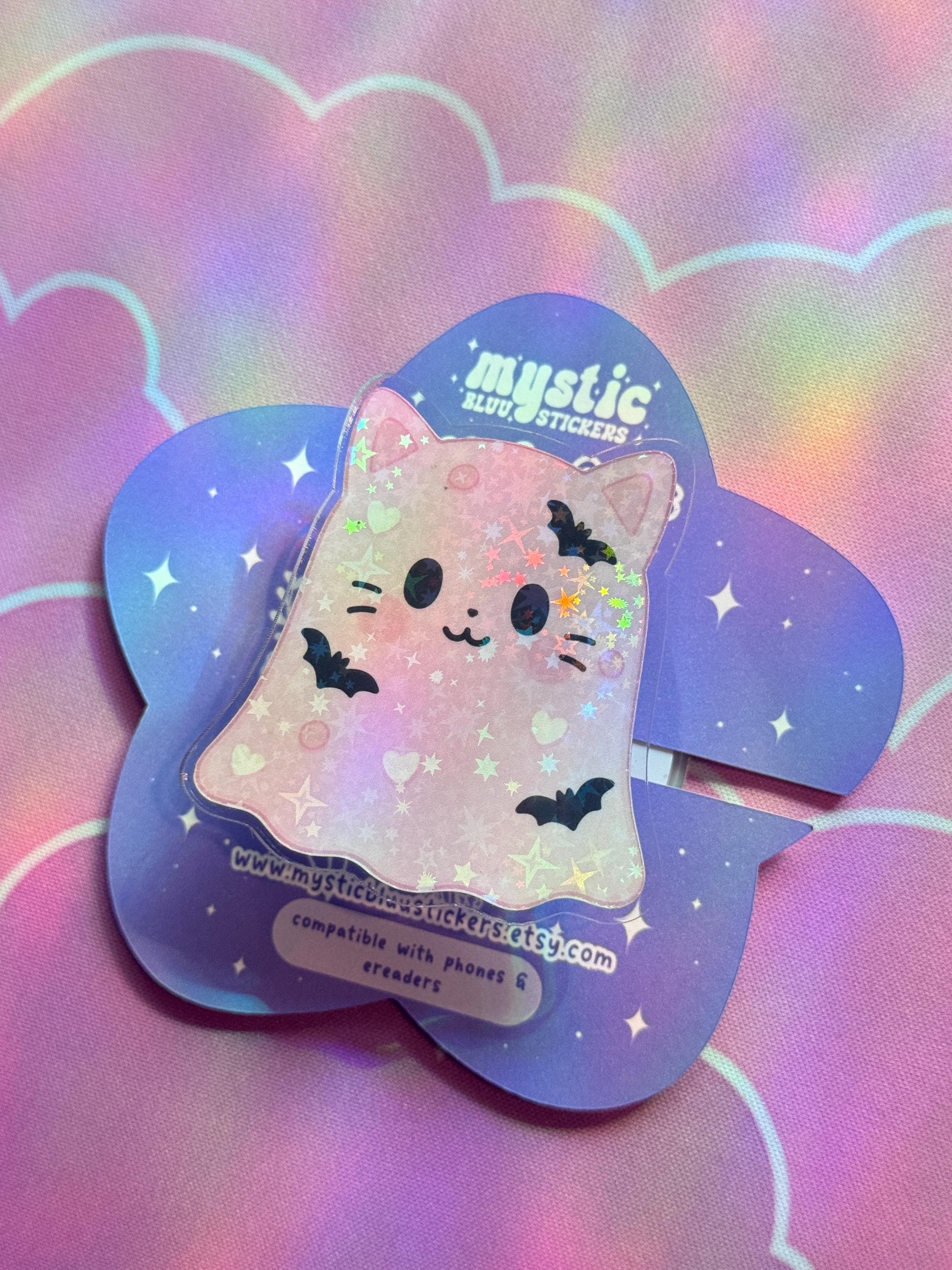 Ghost Cat Phone Grip with Magnetic Ring – Pink, Purple, Orange or White Kawaii Cat MagSafe Grip