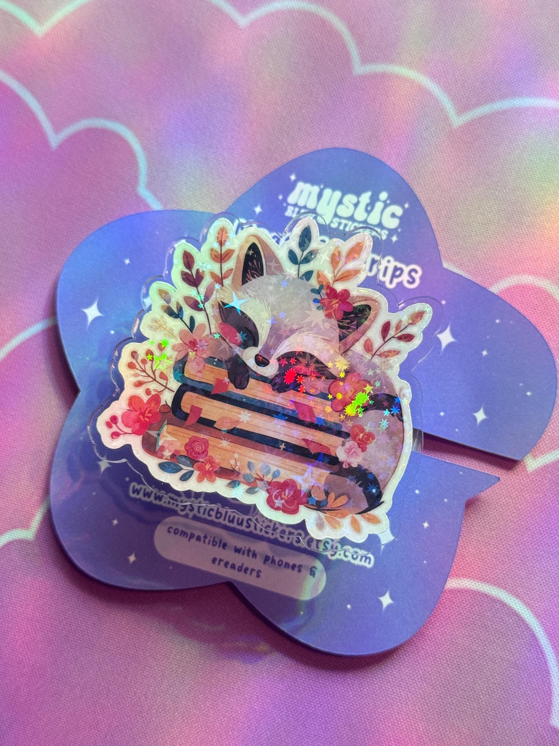 Cozy Stacked Books Raccoon Kindle Grip: Magsafe Phone, Tablet iPad Holder