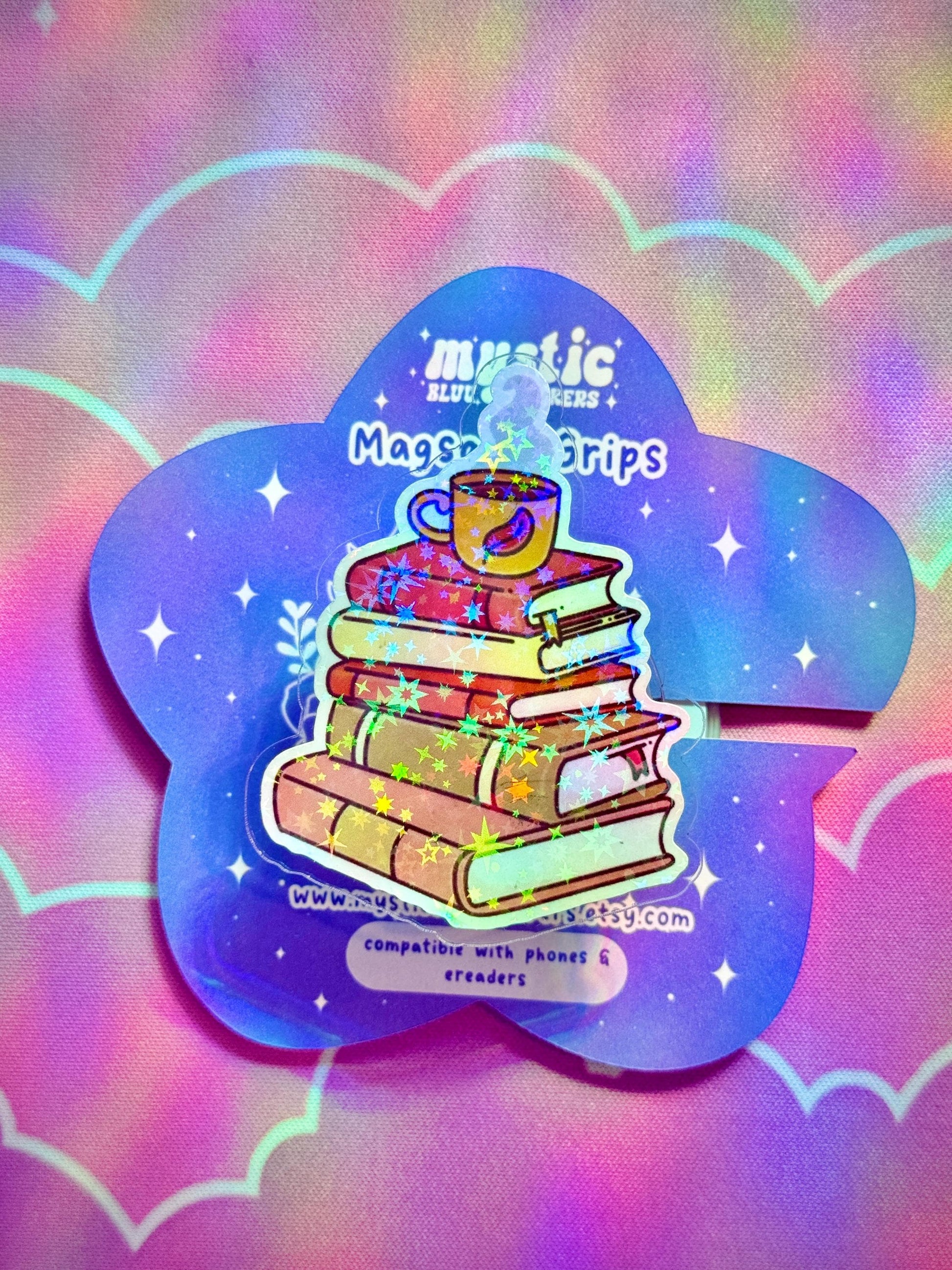 Fall Book Stack Phone Grip : Cozy Coffee MagSafe Holder for Readers