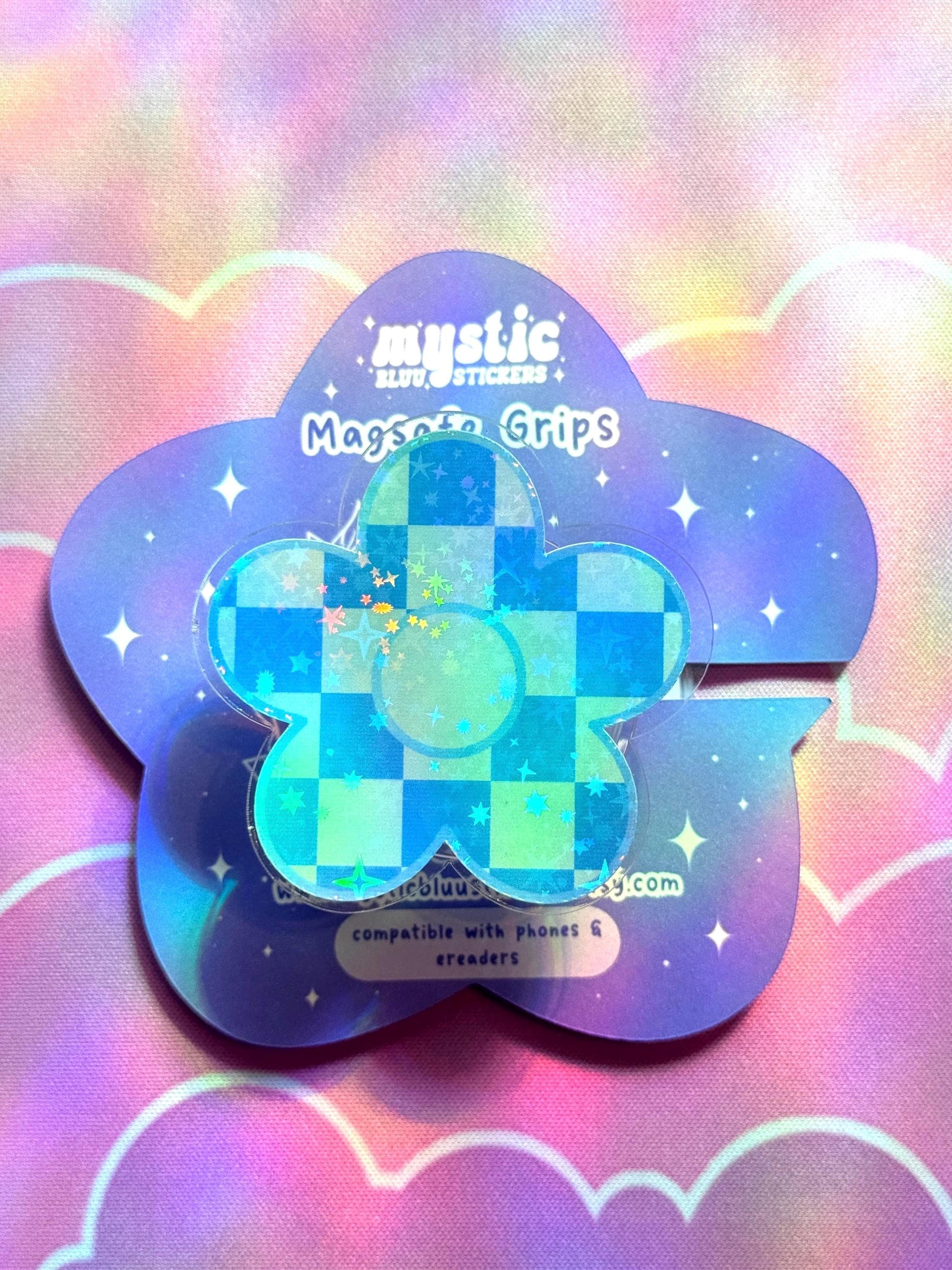 Blue Checkered Daisy Kindle Grip: Retro Magsafe Phone, Tablet iPad Holder