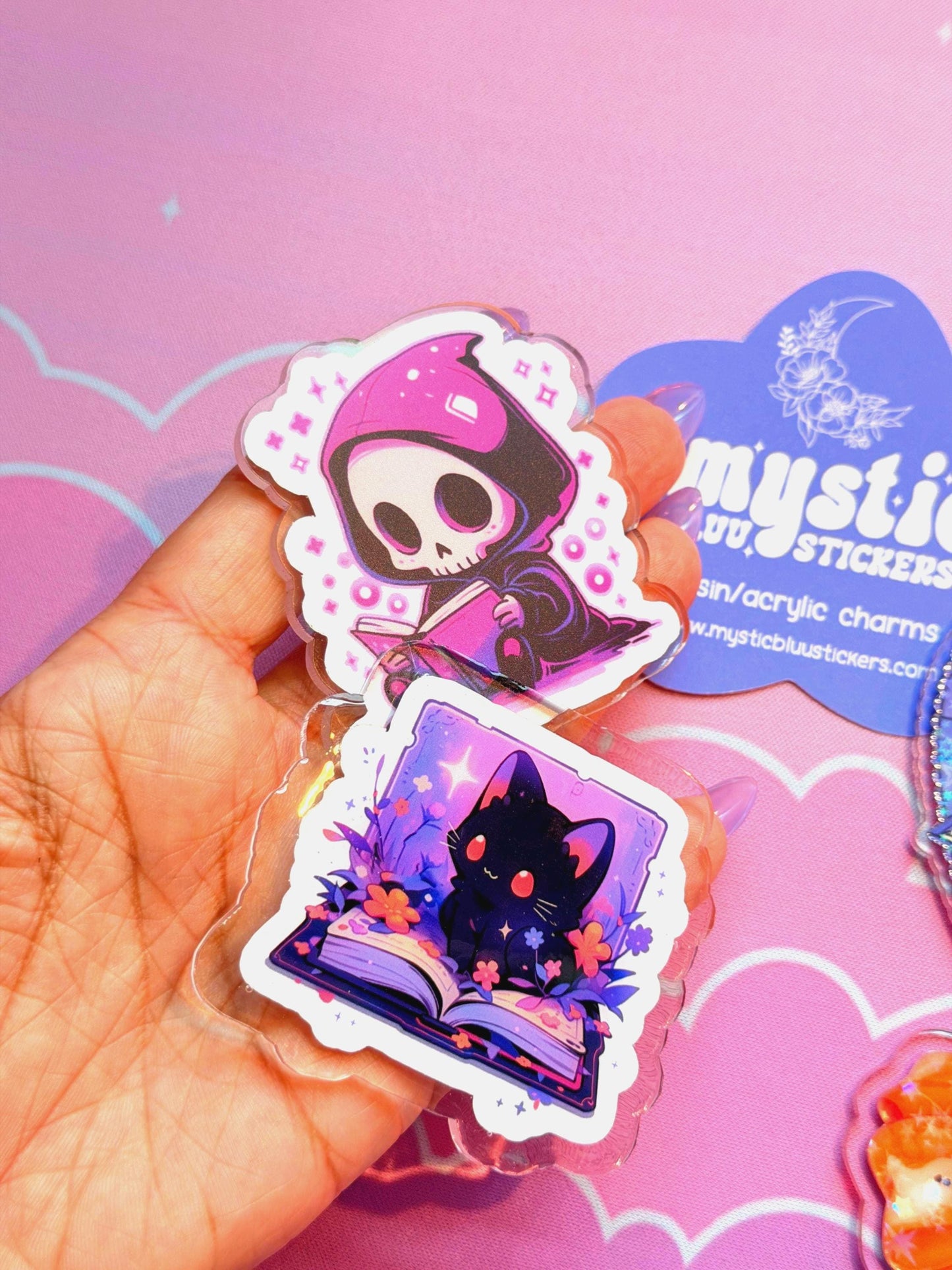 Black Cat Reading Acrylic Flatback Cabochon: Kawaii Witchy Bookish Craft Supply