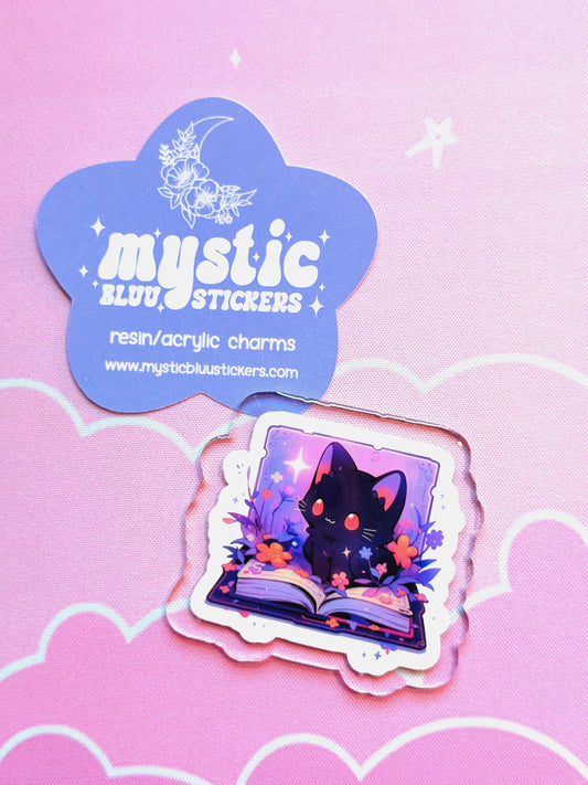 Black Cat Reading Acrylic Flatback Cabochon: Kawaii Witchy Bookish Craft Supply