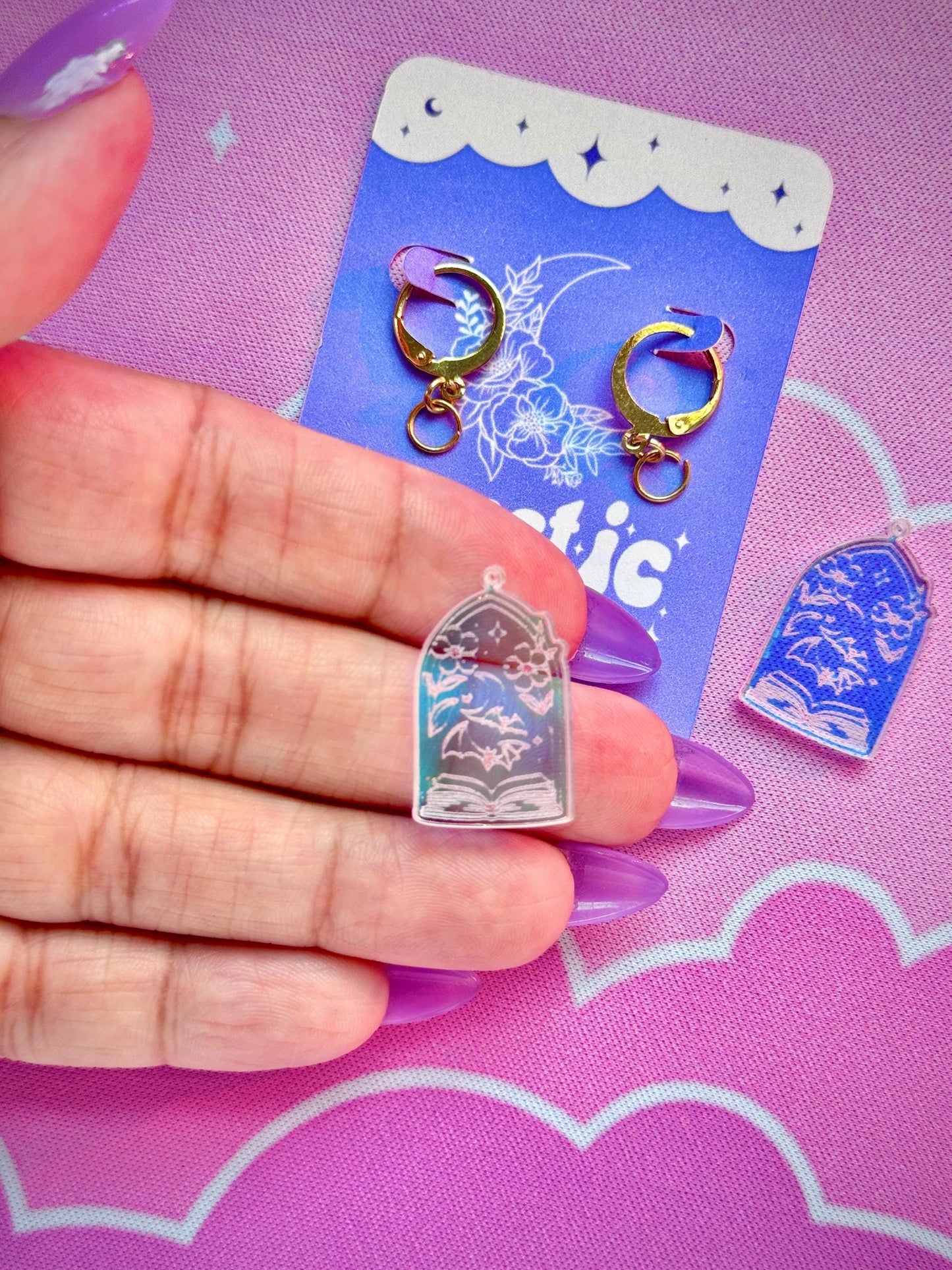 Bat Book Window Acrylic Earrings: Iridescent Dangle Hoop or Hook Style