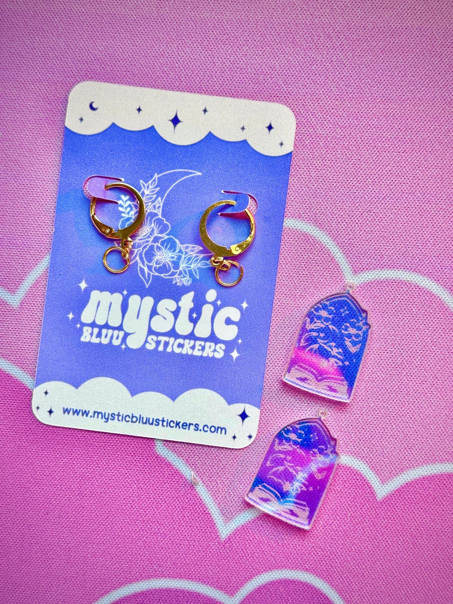 Bat Book Window Acrylic Earrings: Iridescent Dangle Hoop or Hook Style