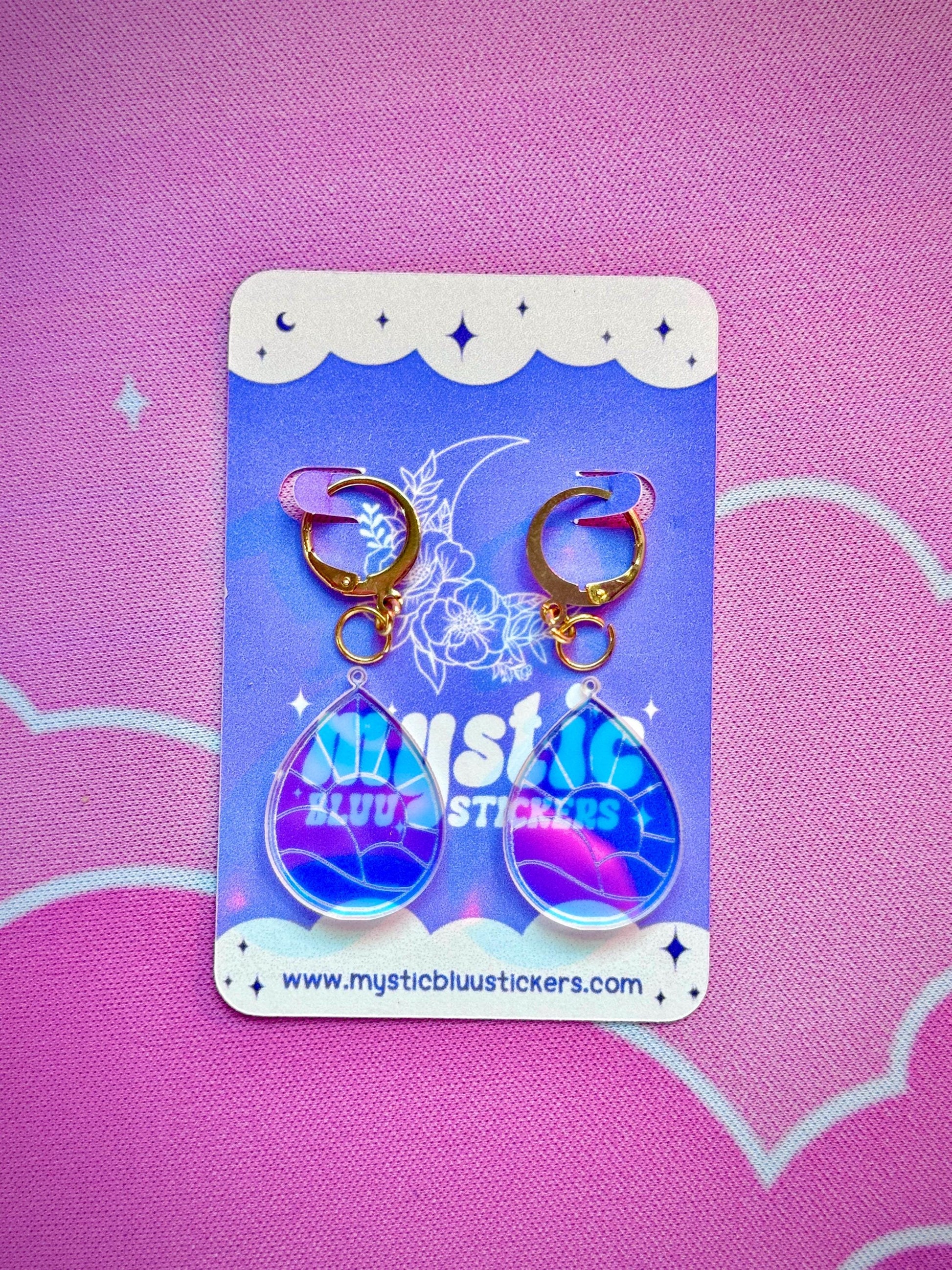 Cloud Sunset Teardrop Acrylic Earrings: Iridescent Dangle Hoop or Hook Style