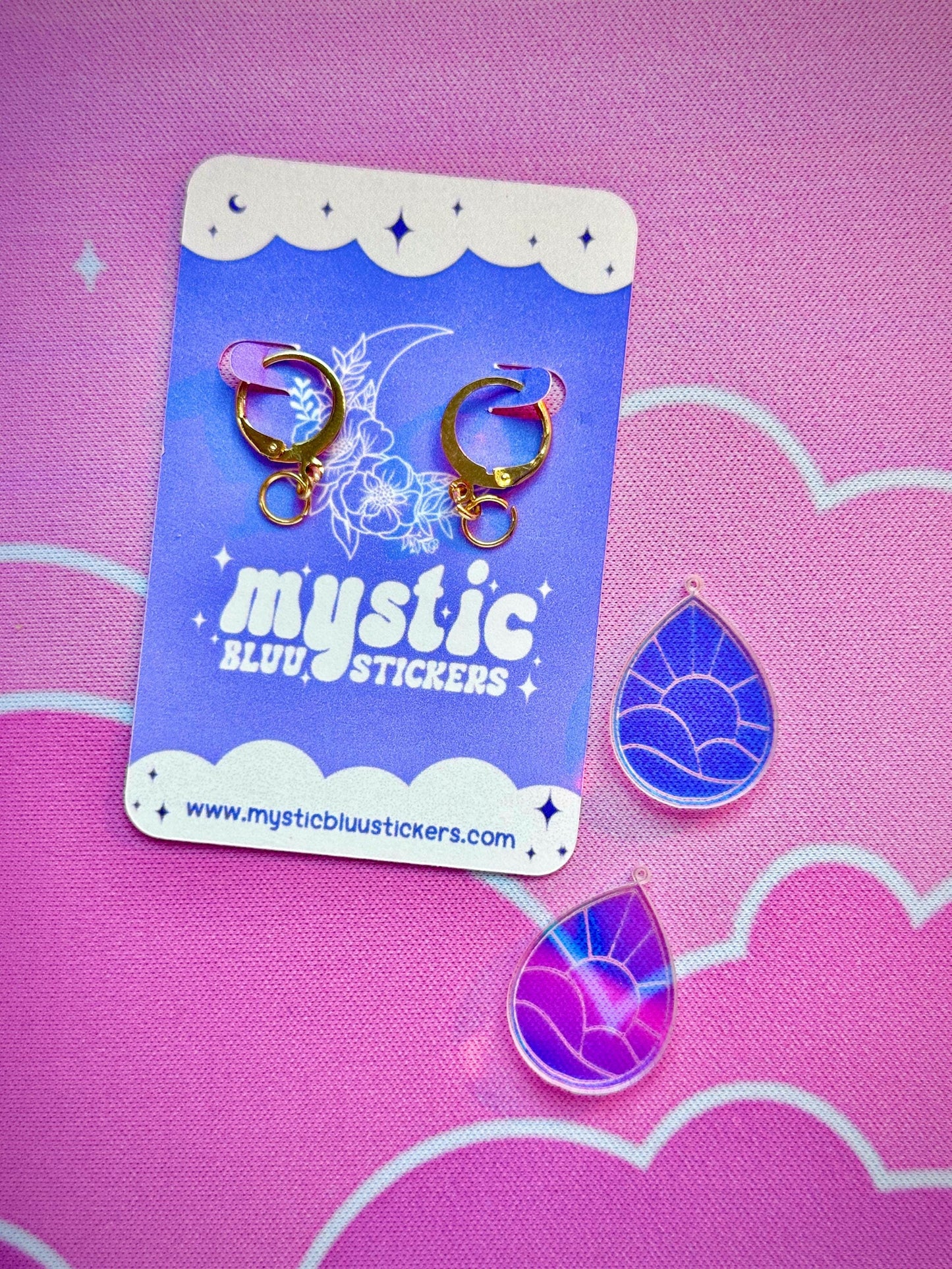 Cloud Sunset Teardrop Acrylic Earrings: Iridescent Dangle Hoop or Hook Style