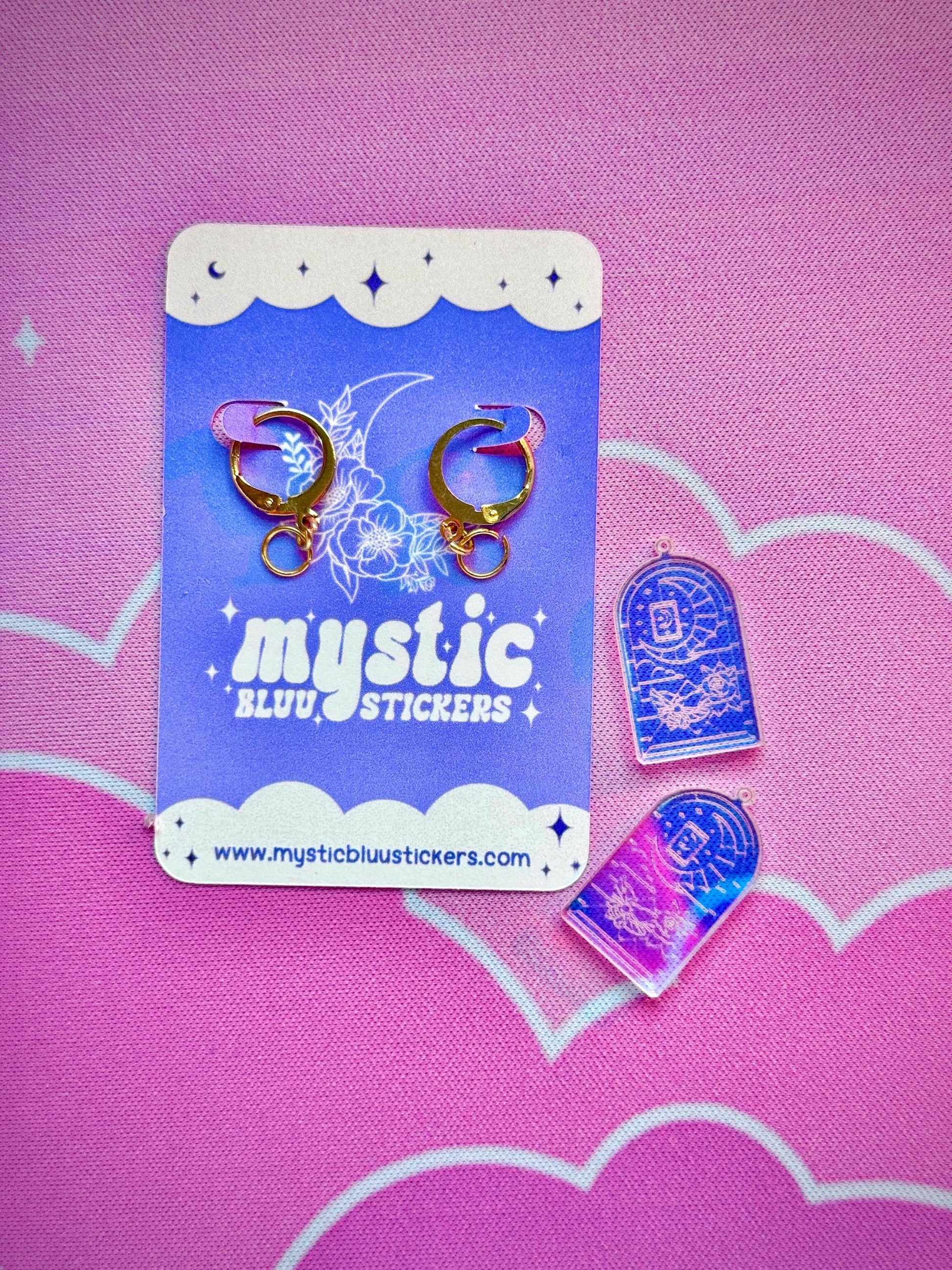 Stained Glass Tarot Window Earrings: Iridescent Crescent Moon, Rose and Clouds