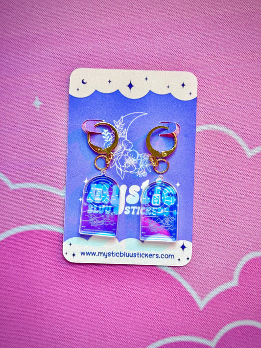 Stained Glass Tarot Window Earrings: Iridescent Crescent Moon, Rose and Clouds