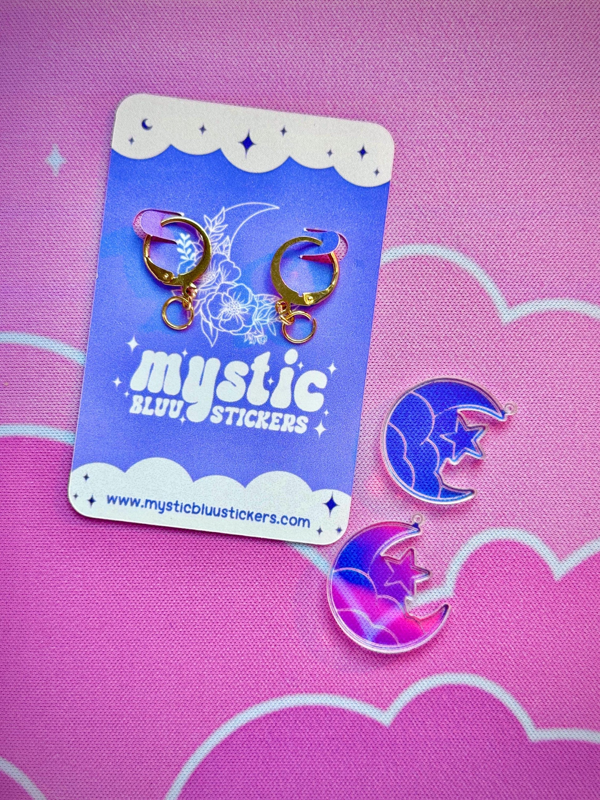 Crescent Moon Clouds Acrylic Earrings: Iridescent Dangle Hoop or Hook Style