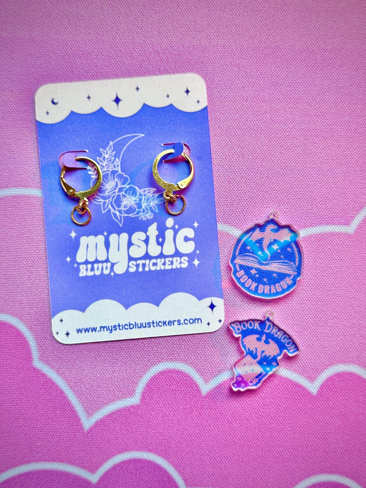 Book Dragon Acrylic Earrings: Iridescent Fantasy Mismatched Dangle Hoop or Hook Style