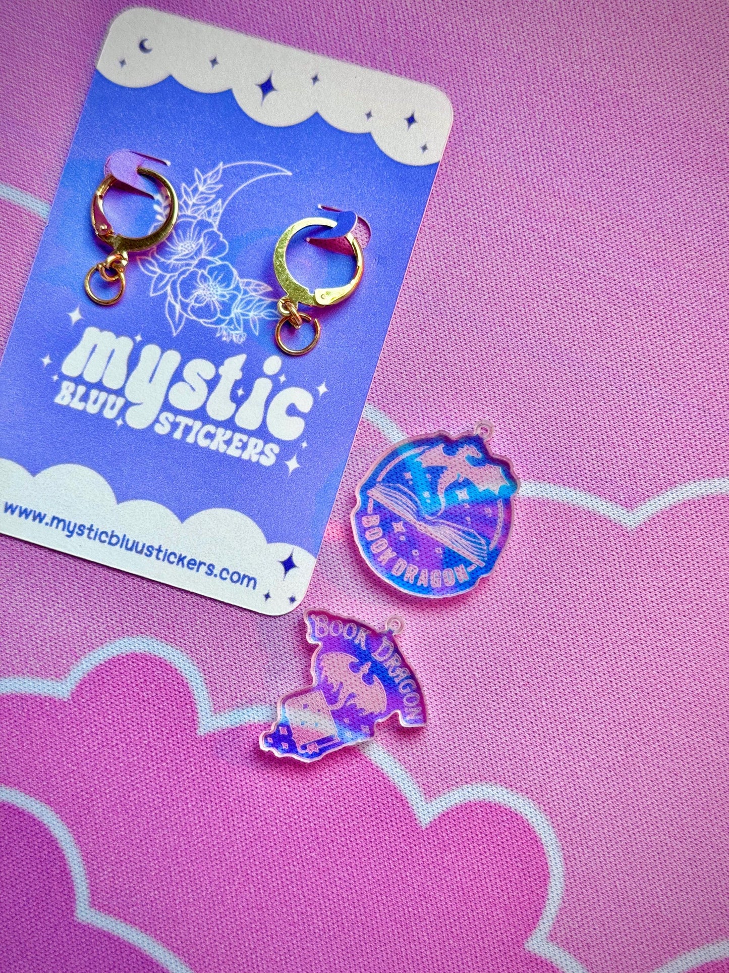 Book Dragon Acrylic Earrings: Iridescent Fantasy Mismatched Dangle Hoop or Hook Style