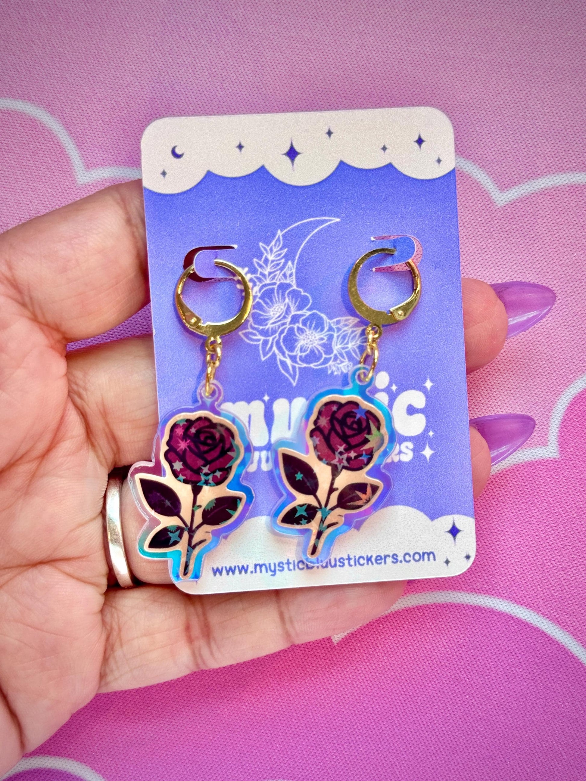 Gothic Rose Acrylic Earrings: Holographic Dangle Hoop or Hook Style