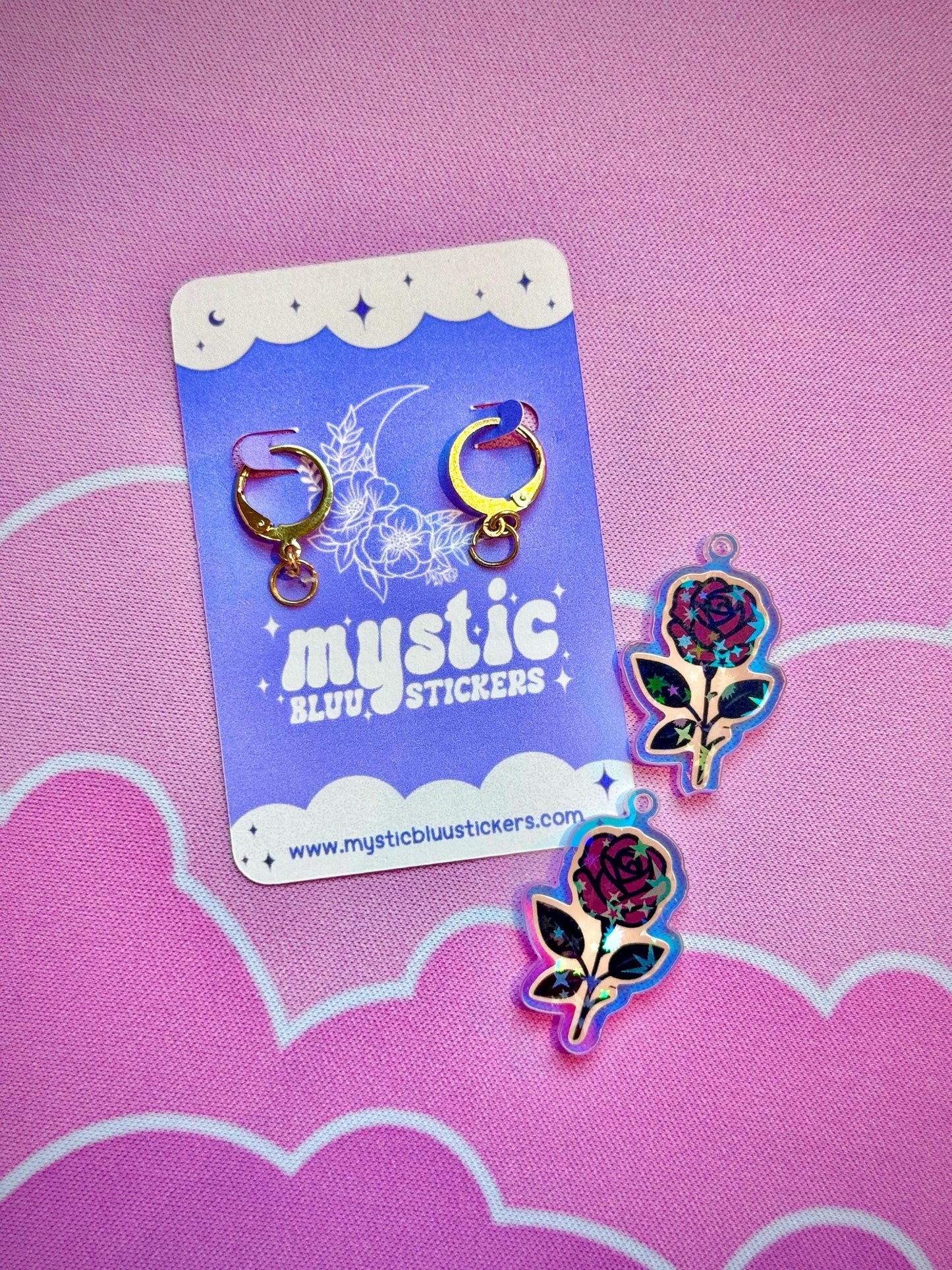 Gothic Rose Acrylic Earrings: Holographic Dangle Hoop or Hook Style