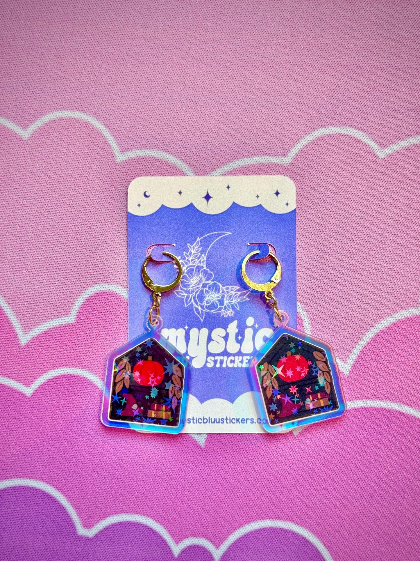 Pumpkin Cottage Earrings: Holographic House Dangle Hoop or Hook Style