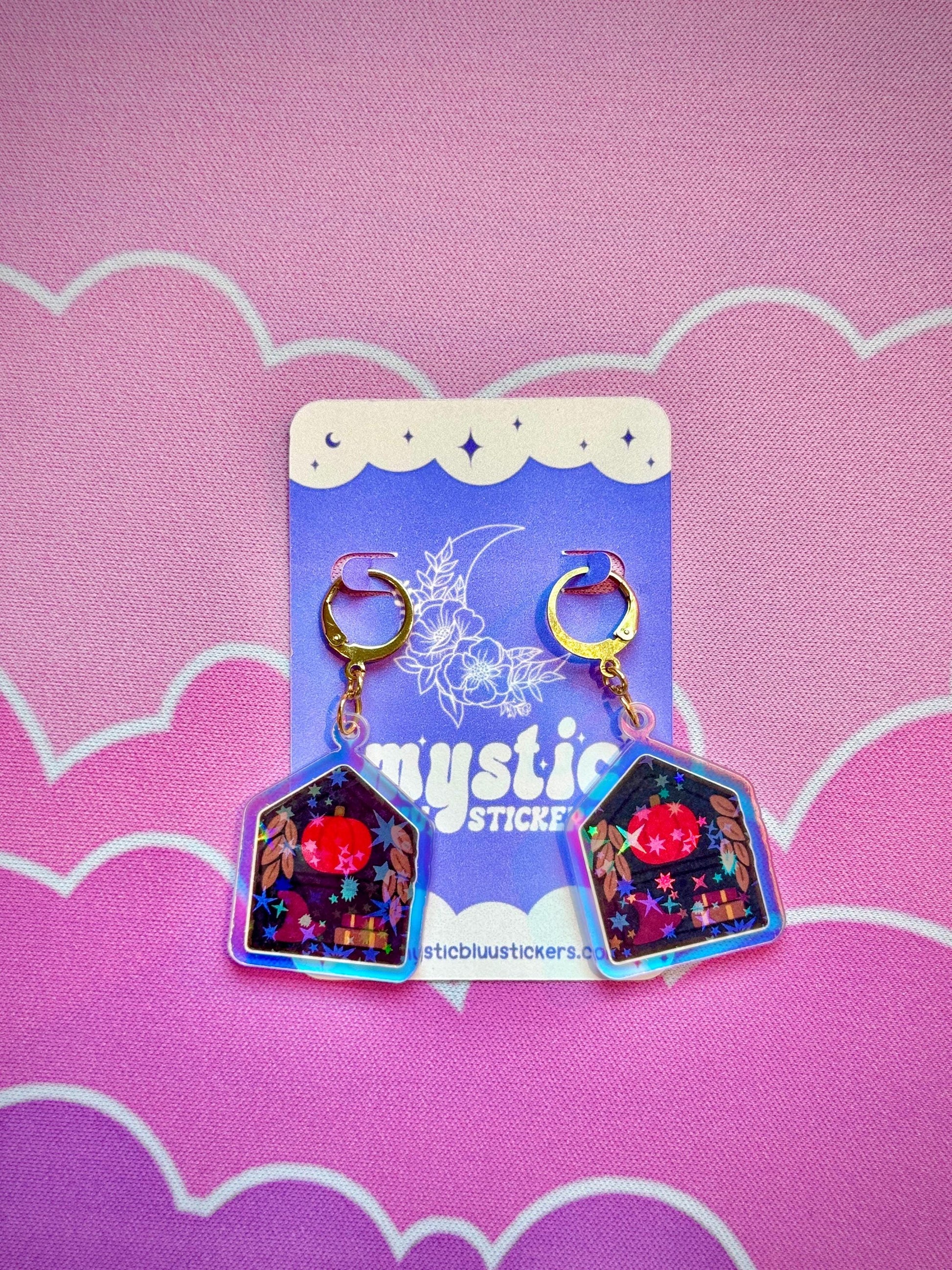 Pumpkin Cottage Earrings: Holographic House Dangle Hoop or Hook Style