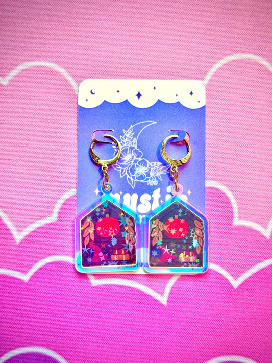 Pumpkin Cottage Earrings: Holographic House Dangle Hoop or Hook Style