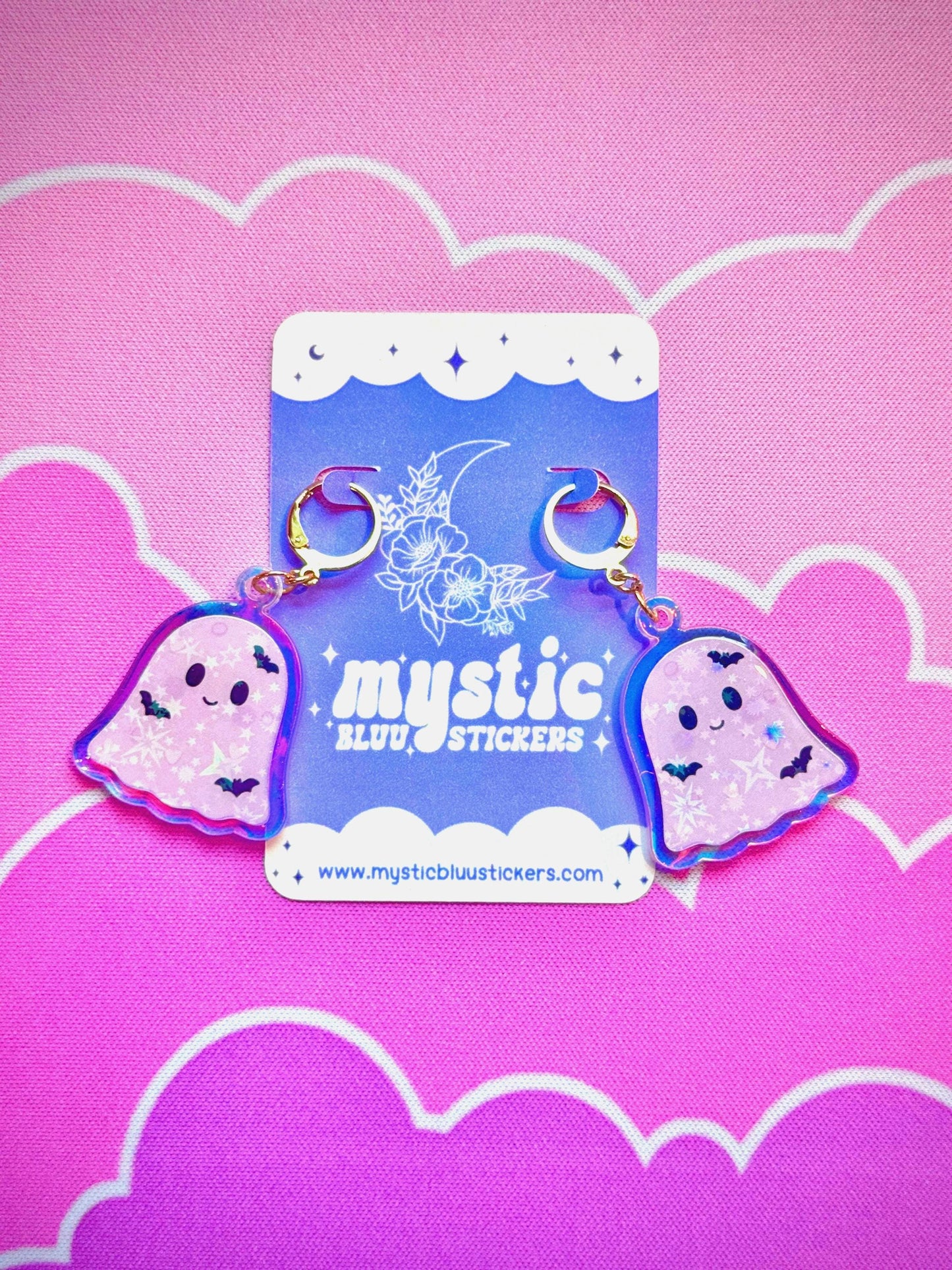 Pastel Purple Ghost Earrings: Iridescent Holographic Bat and Stars Dangle Hoop or Hook Style
