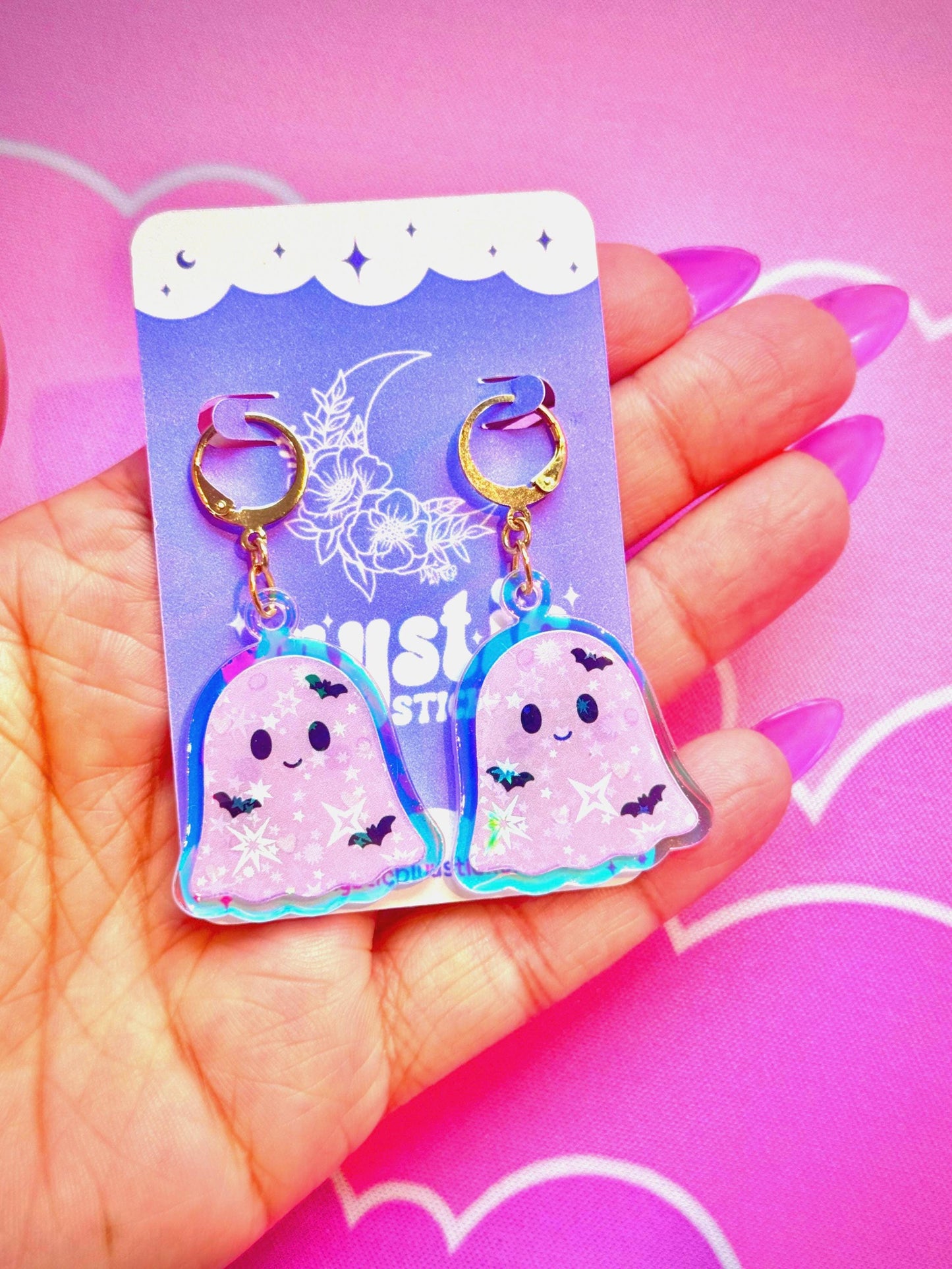 Pastel Purple Ghost Earrings: Iridescent Holographic Bat and Stars Dangle Hoop or Hook Style