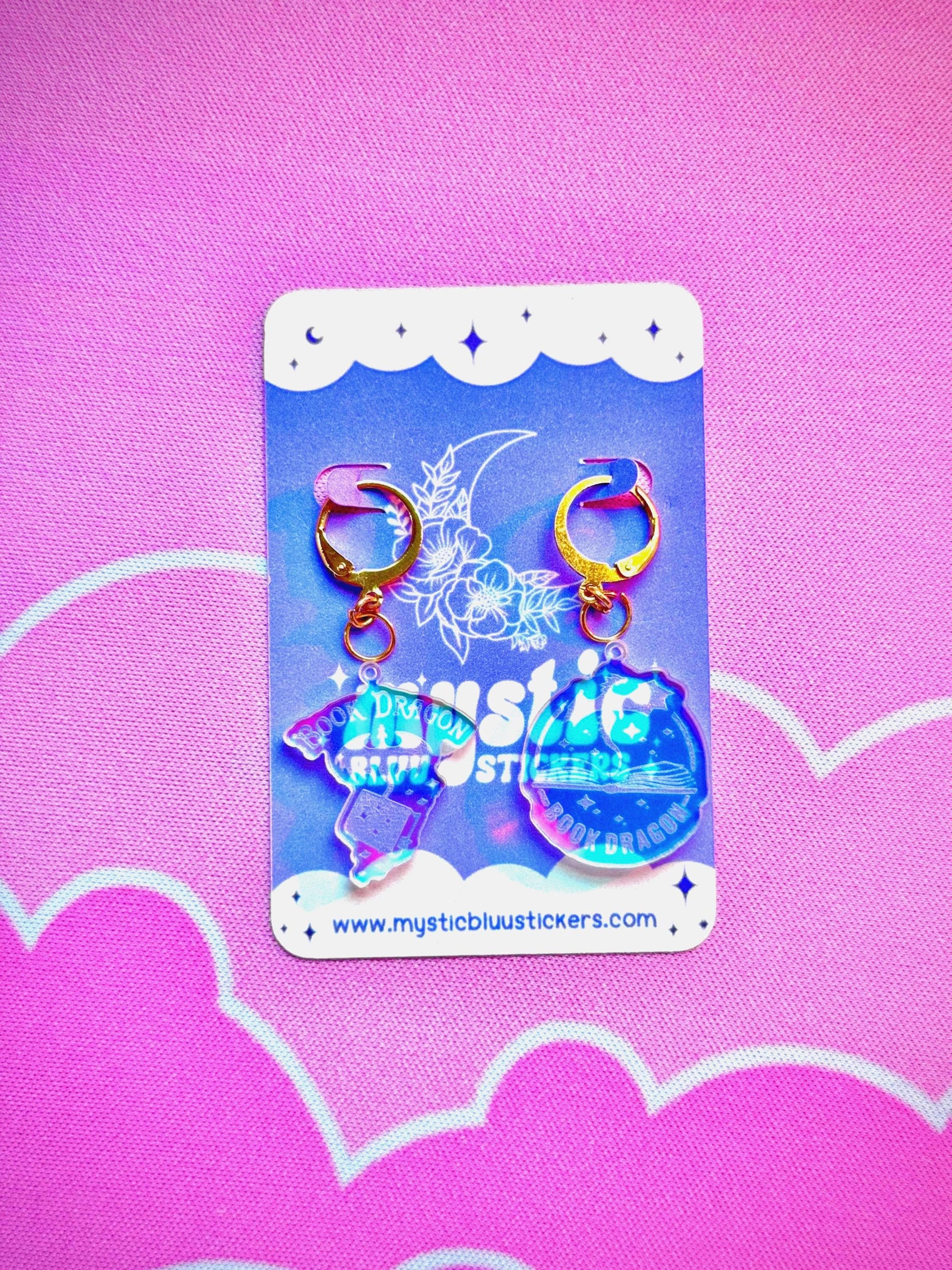 Book Dragon Acrylic Earrings: Iridescent Fantasy Mismatched Dangle Hoop or Hook Style