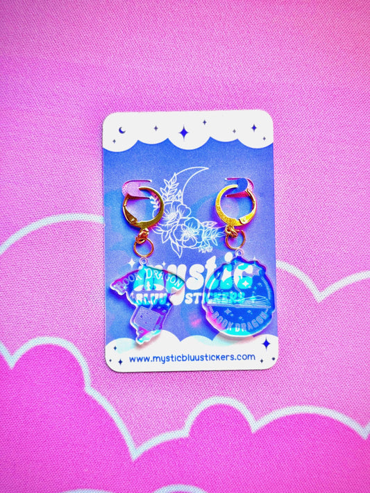 Book Dragon Acrylic Earrings: Iridescent Fantasy Mismatched Dangle Hoop or Hook Style