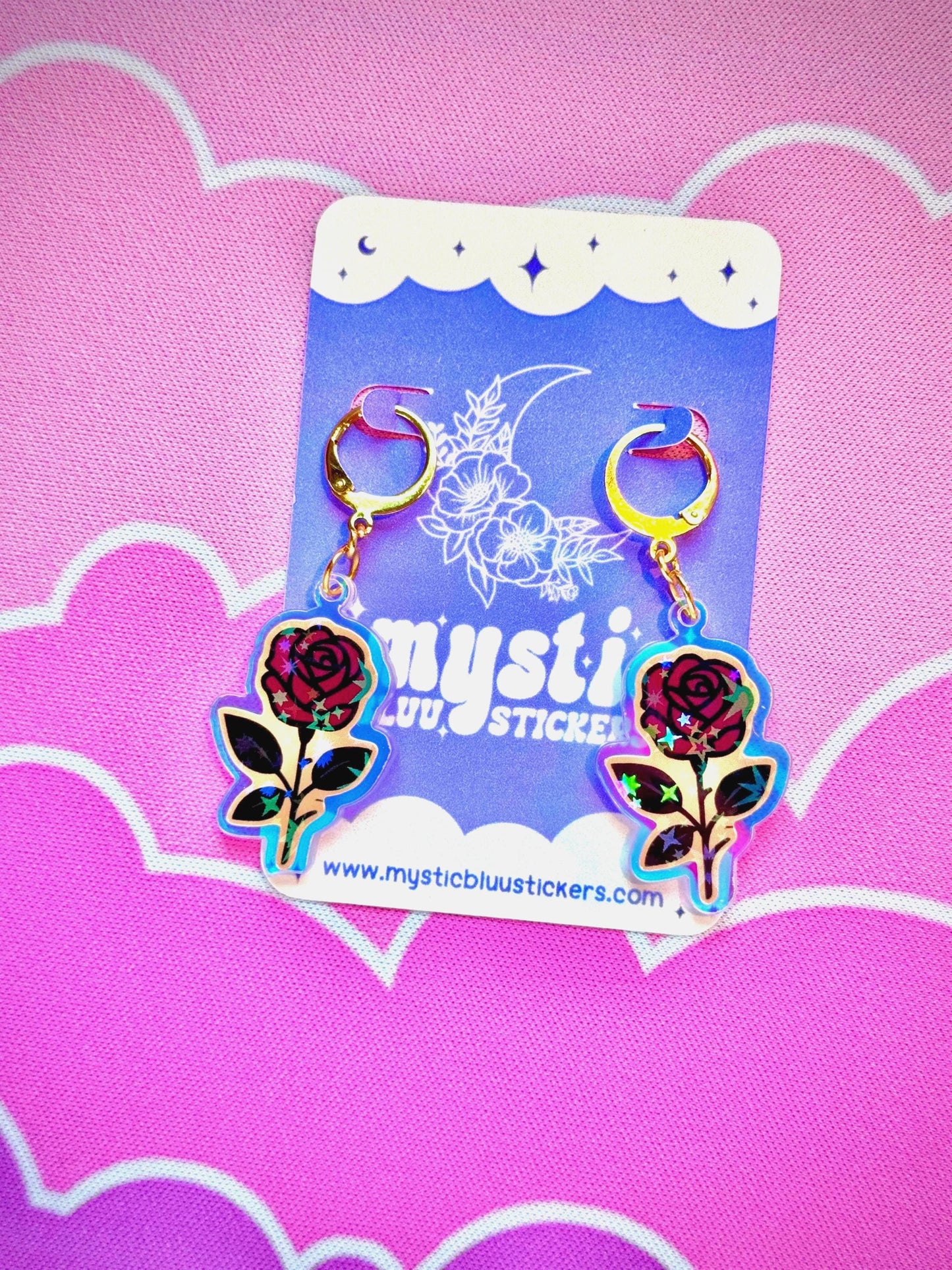 Gothic Rose Acrylic Earrings: Holographic Dangle Hoop or Hook Style