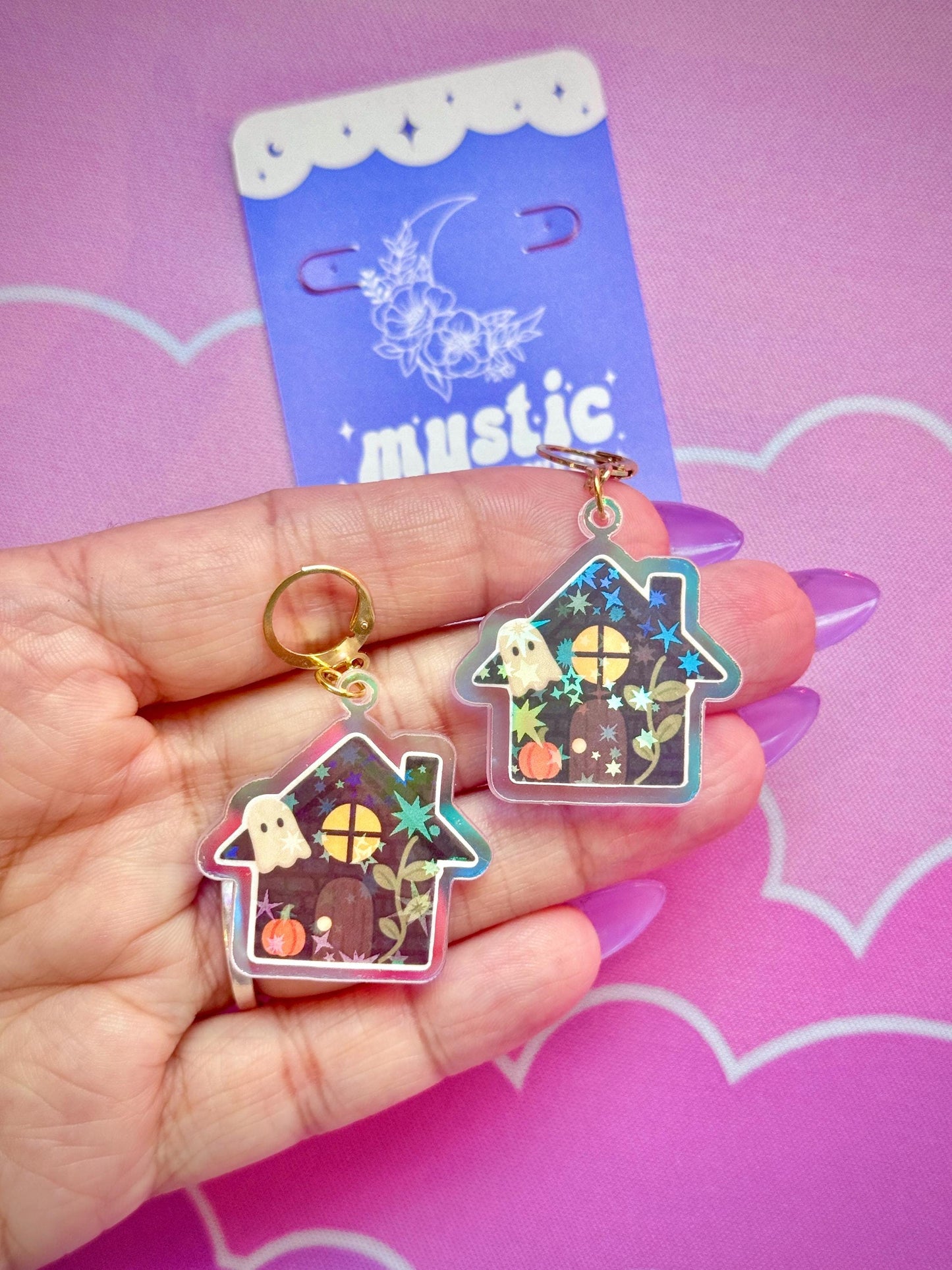 Autumn Cottage Earrings: Holographic House Dangle Hoop or Hook Style