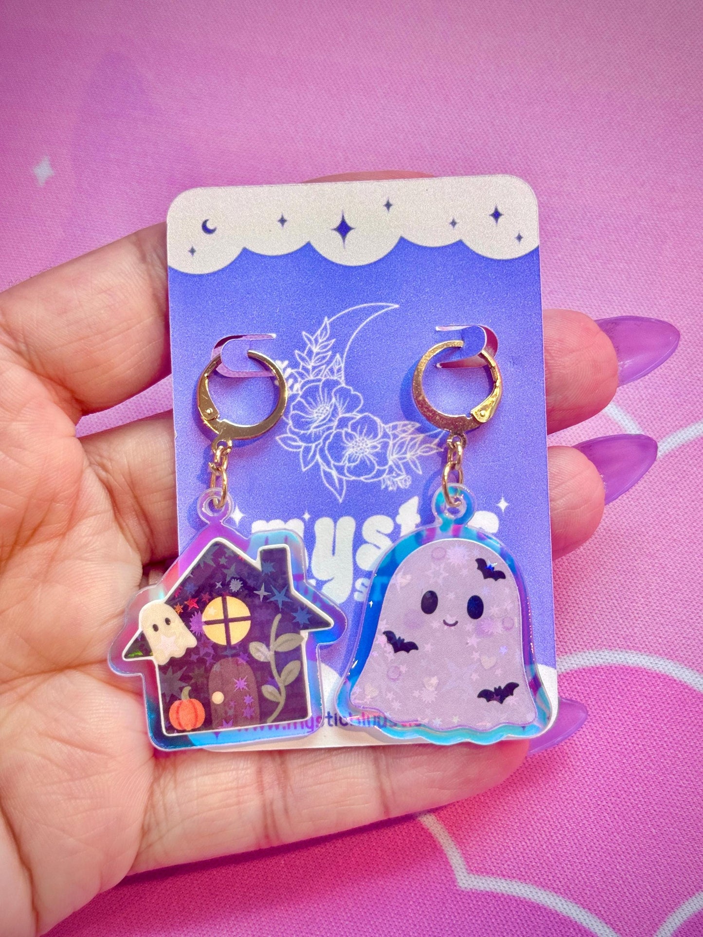 Ghost Cottage Earrings: Holographic House Dangle Hoop or Hook Style