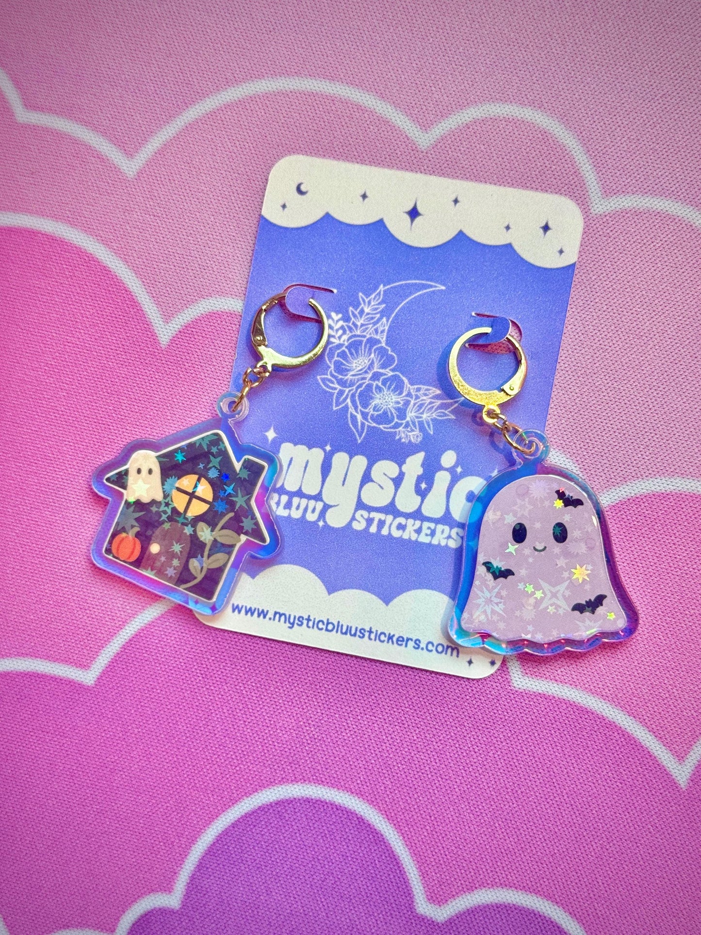 Ghost Cottage Earrings: Holographic House Dangle Hoop or Hook Style