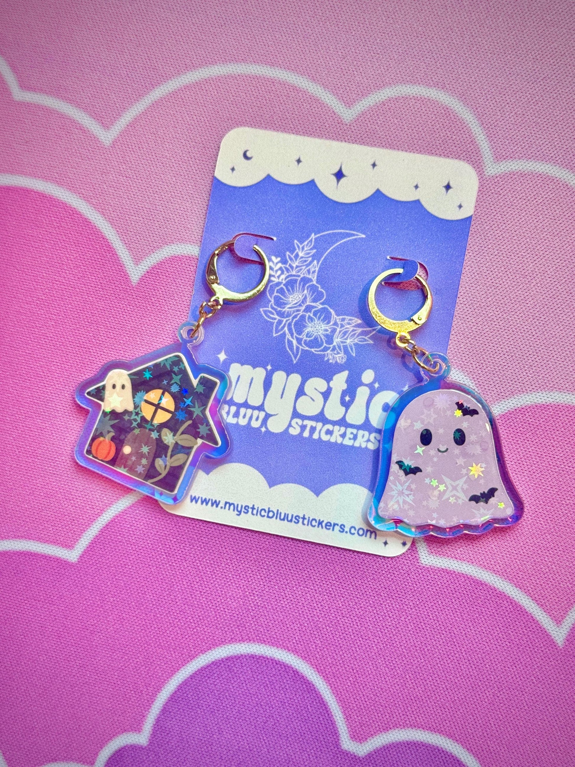 Ghost Cottage Earrings: Holographic House Dangle Hoop or Hook Style