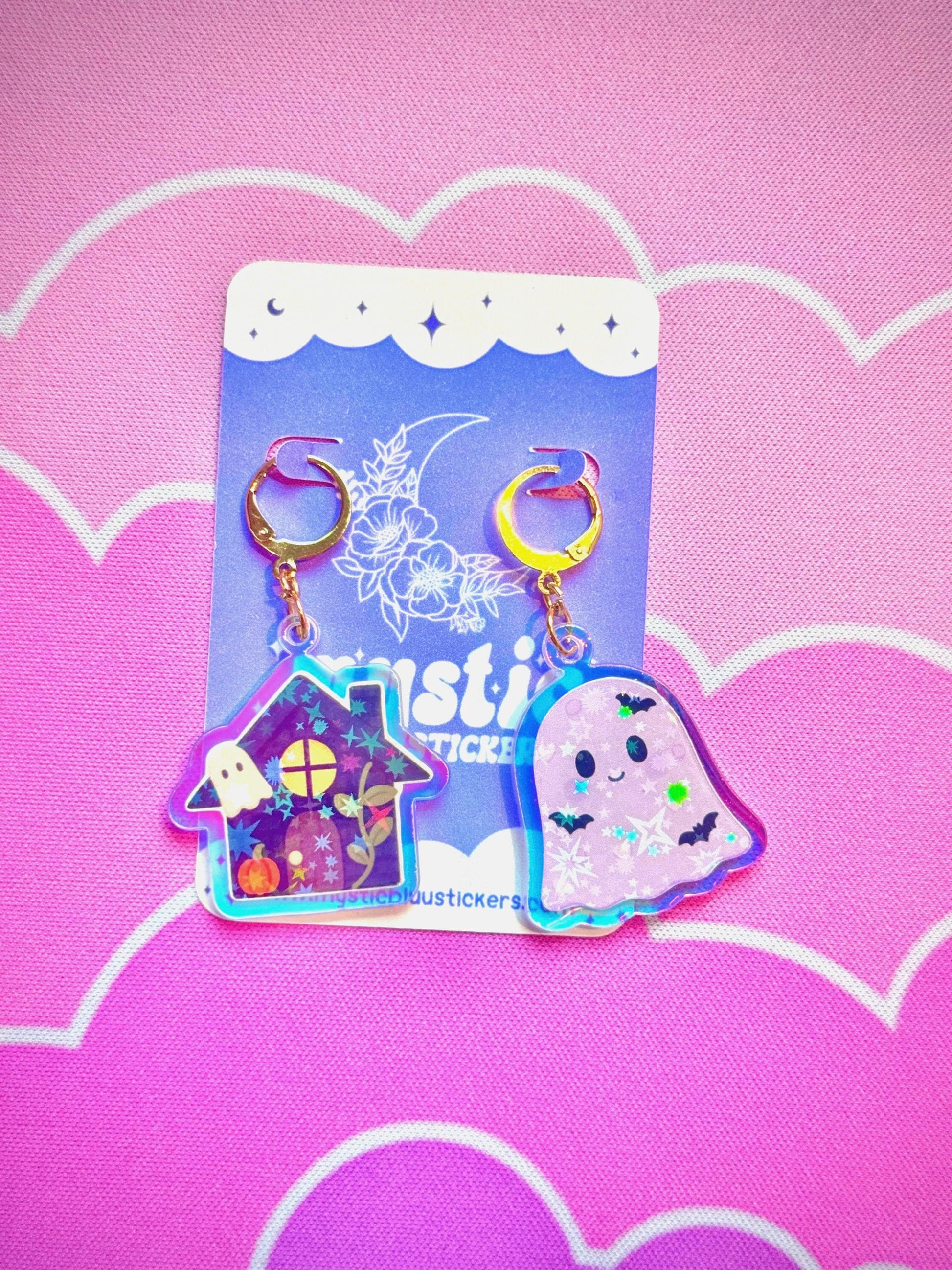 Ghost Cottage Earrings: Holographic House Dangle Hoop or Hook Style