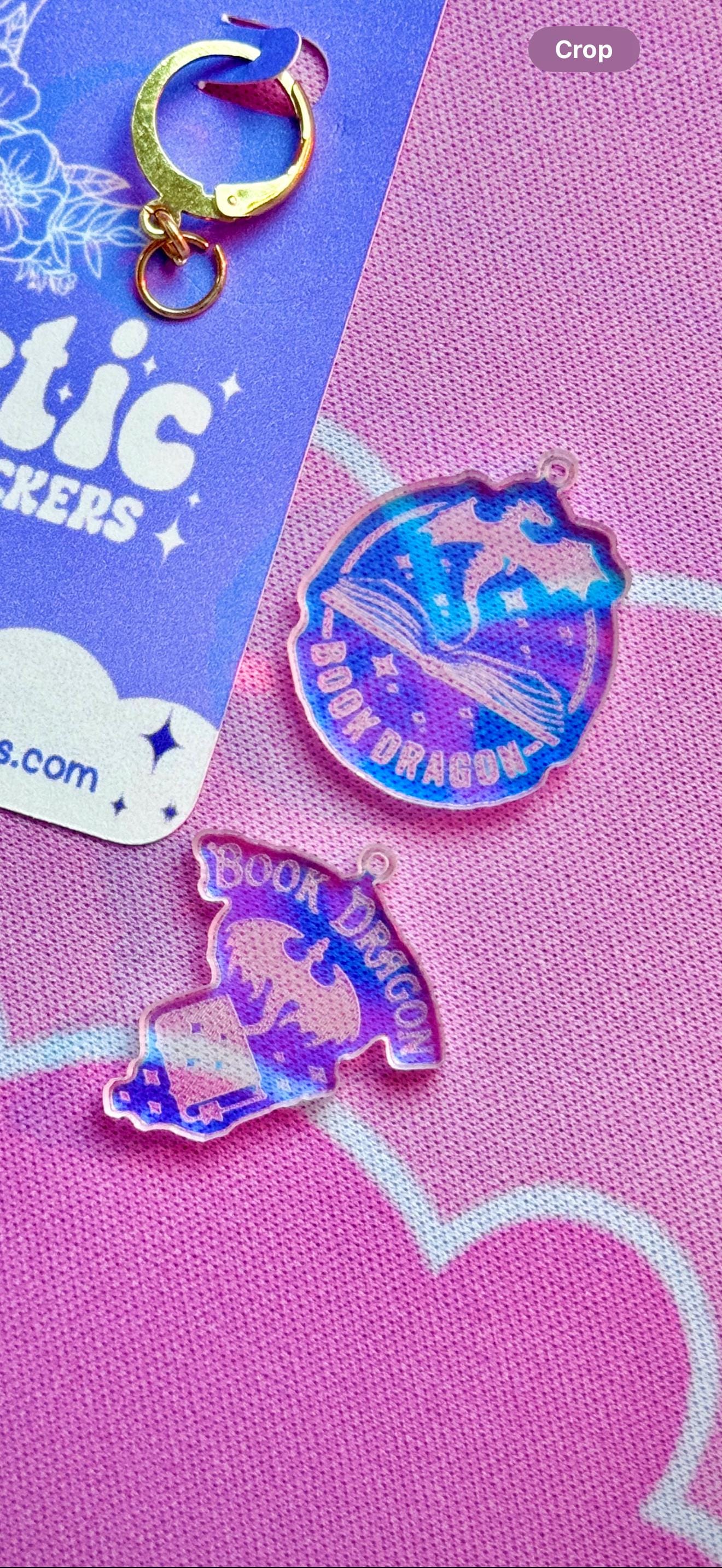 Book Dragon Acrylic Earrings: Iridescent Fantasy Mismatched Dangle Hoop or Hook Style