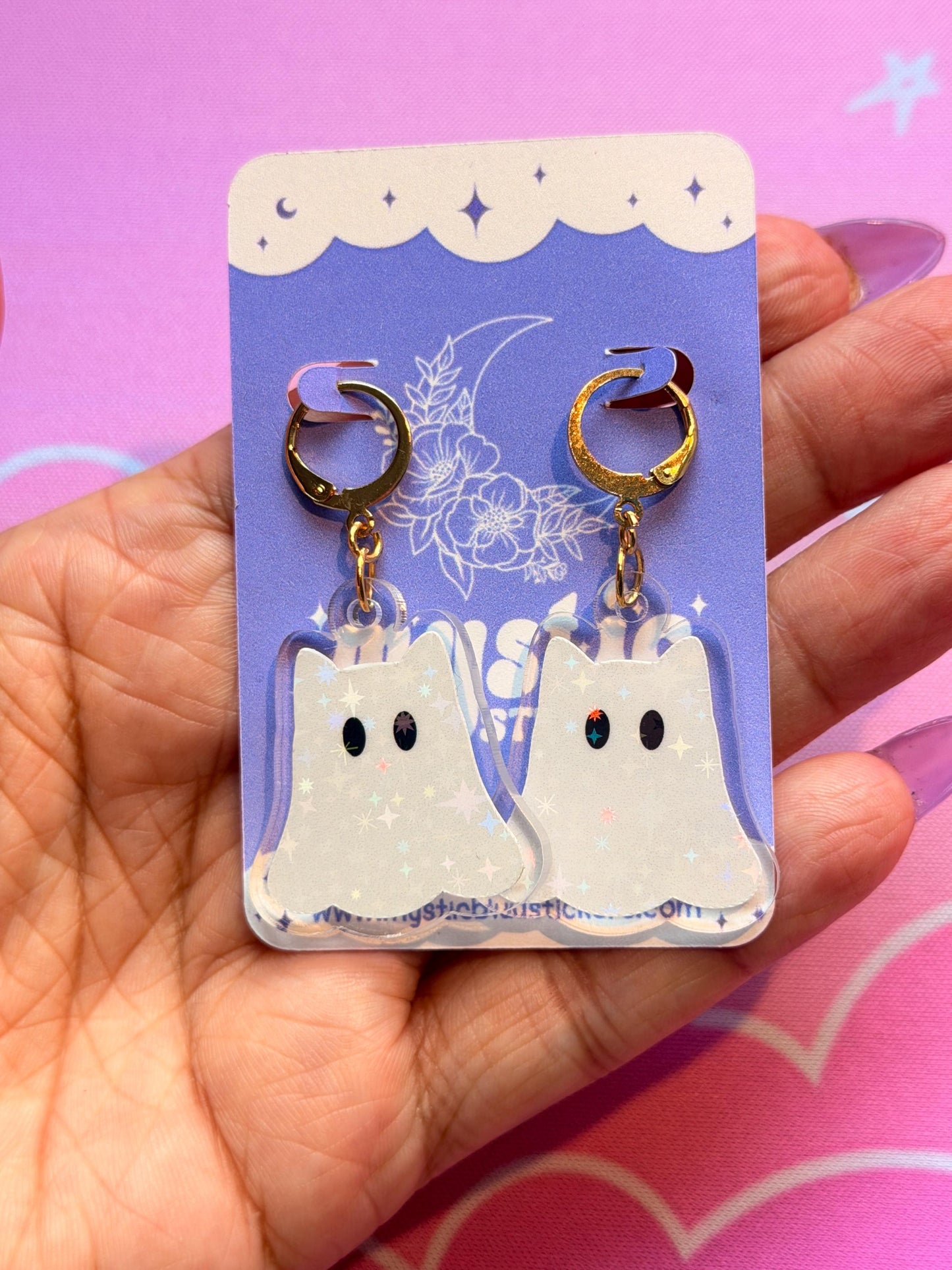 White Ghost Earrings: Iridescent Holographic Bat and Stars Dangle Hoop or Hook Style