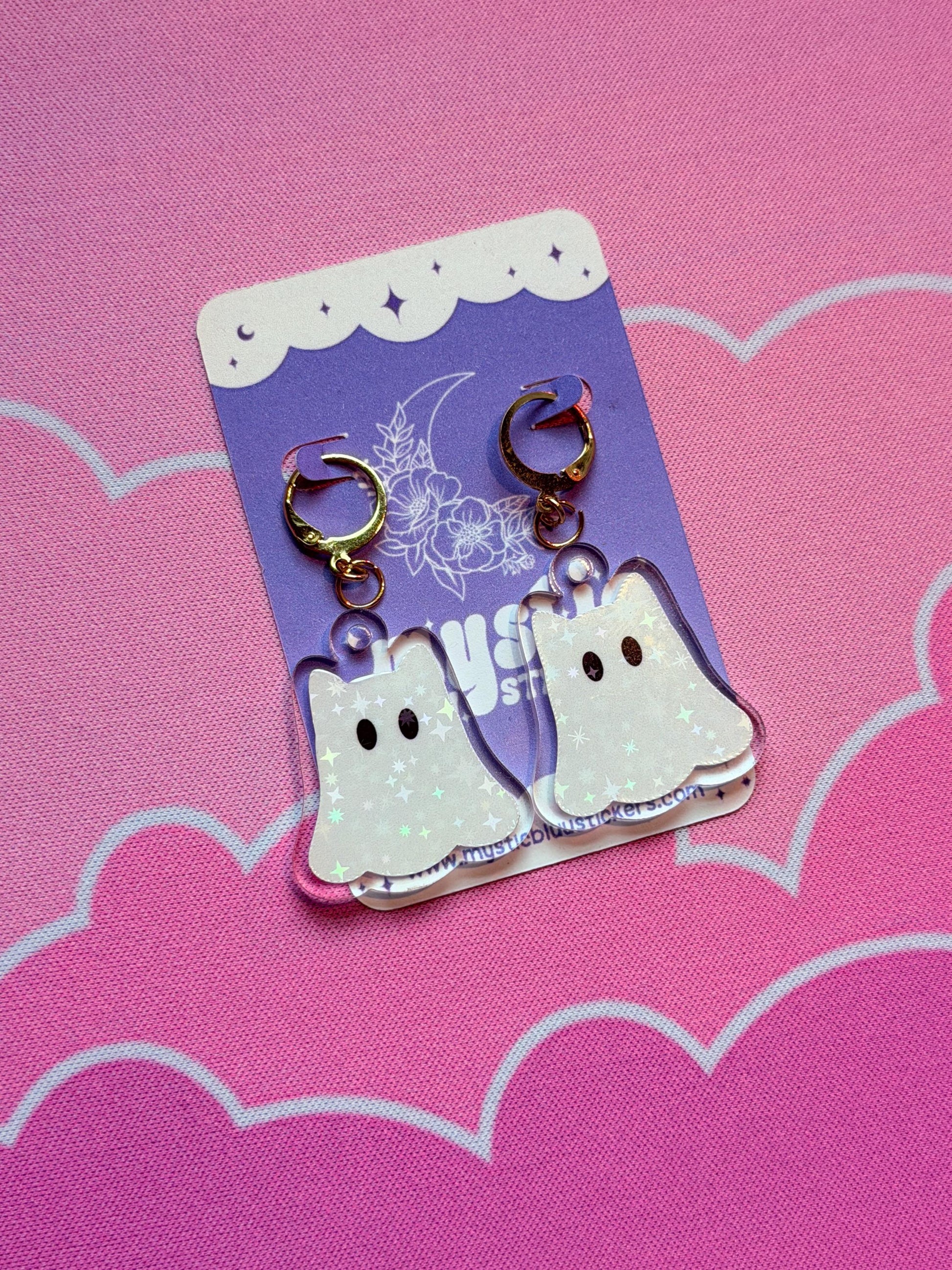 White Ghost Earrings: Iridescent Holographic Bat and Stars Dangle Hoop or Hook Style