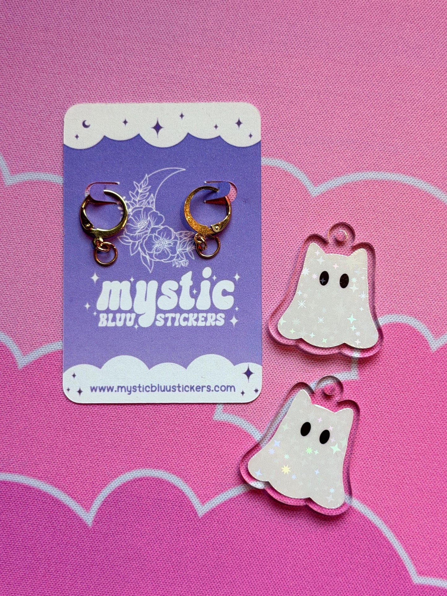White Ghost Earrings: Iridescent Holographic Bat and Stars Dangle Hoop or Hook Style