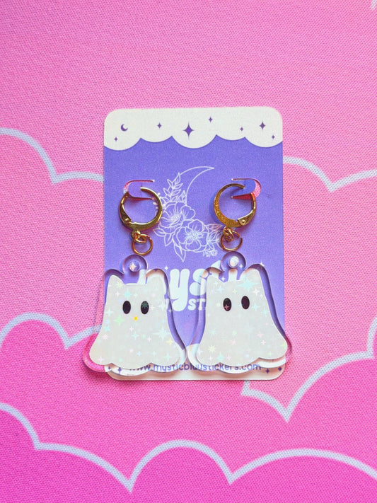 White Ghost Earrings: Iridescent Holographic Bat and Stars Dangle Hoop or Hook Style
